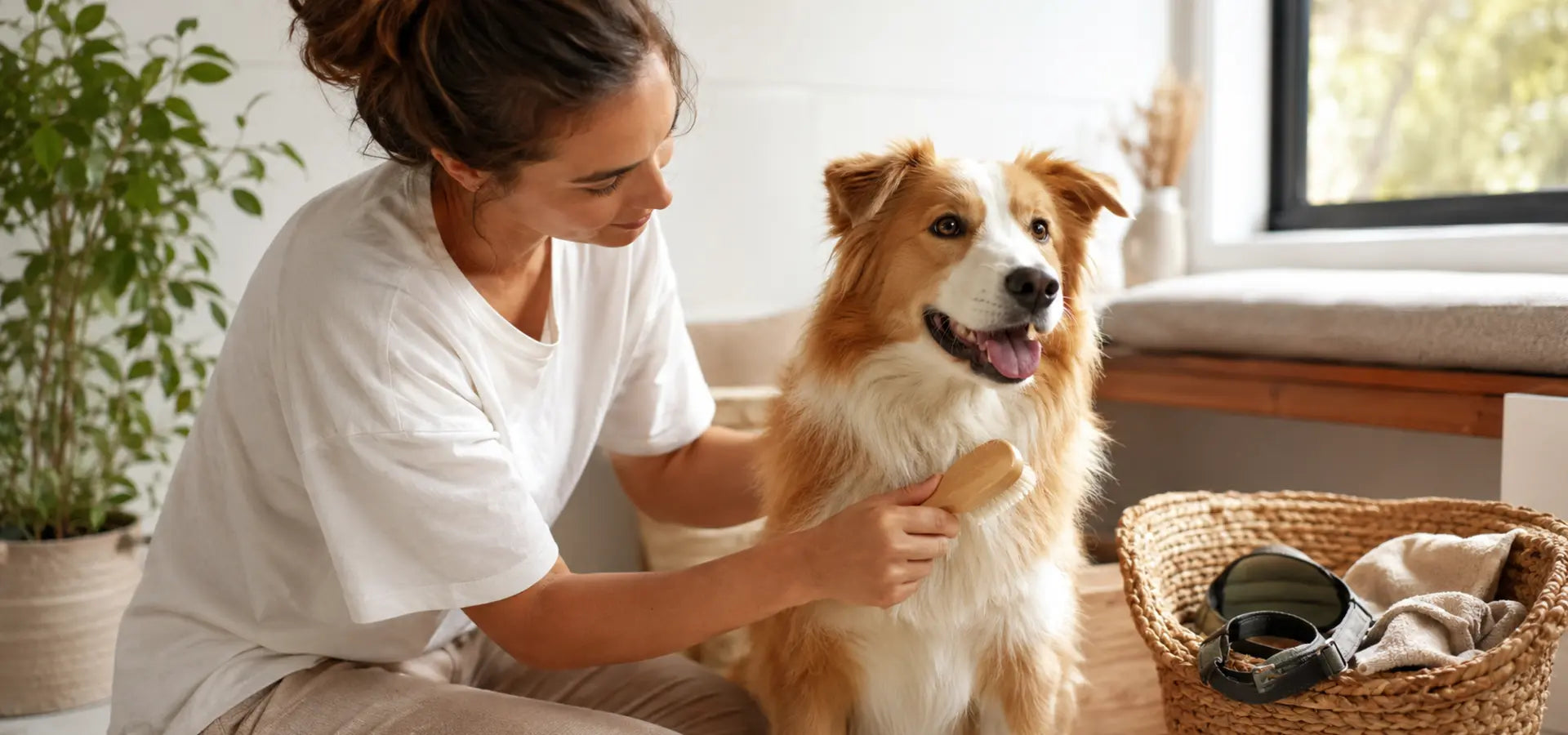 Owner grooming a dog around the chest before fitting a harness