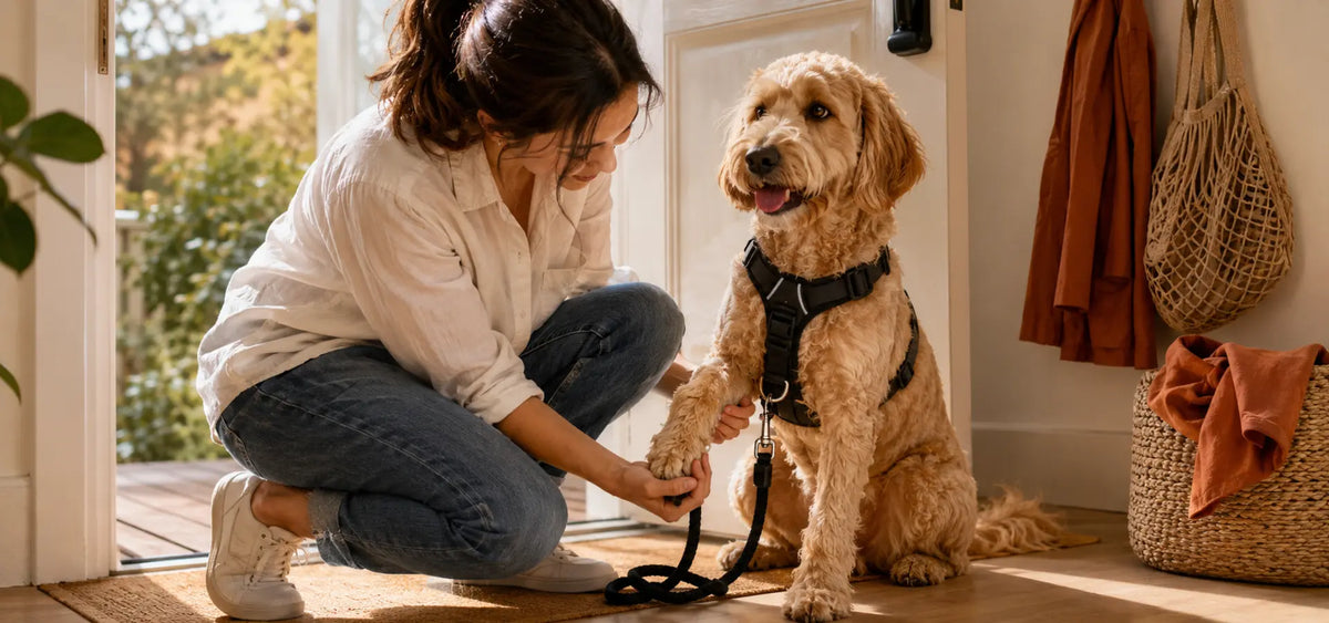 Owner checking leash clips and harness fit before a walk
