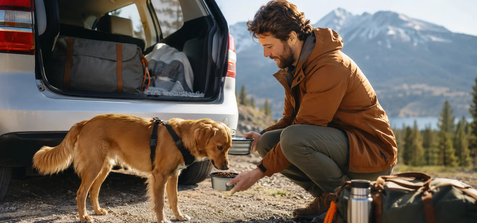 Owner offering food and water to a dog at a safe road trip stop