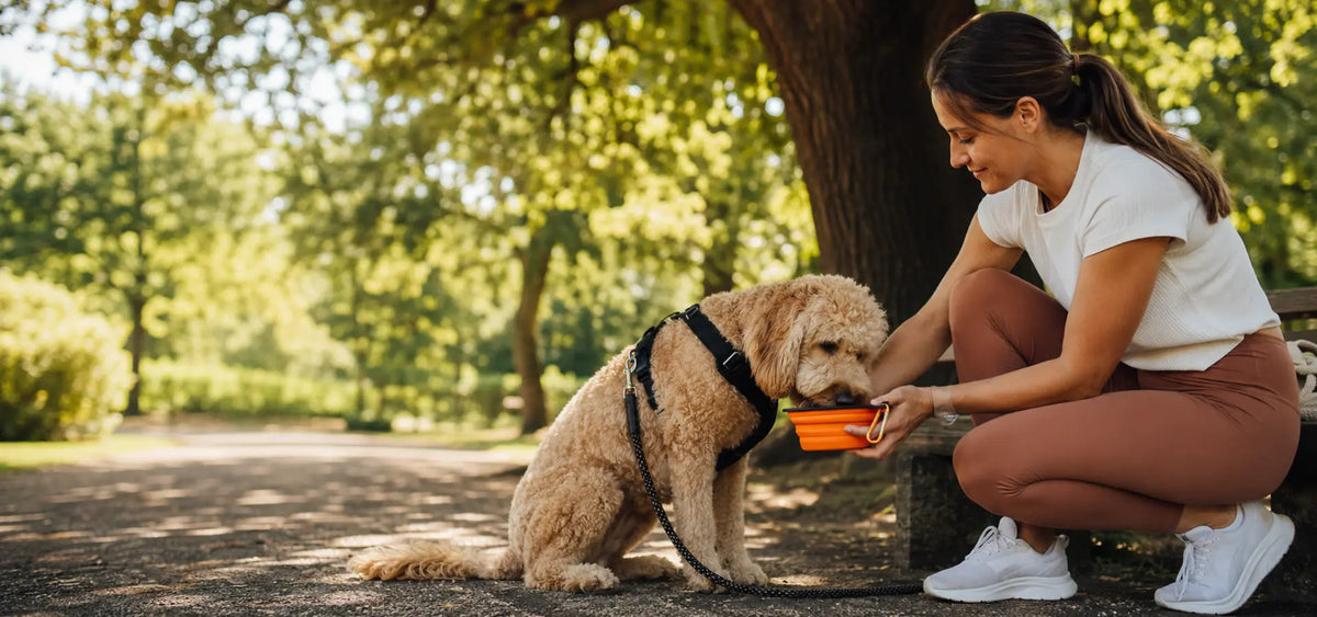 Dog drinking water from a collapsible bowl during a shaded walk break