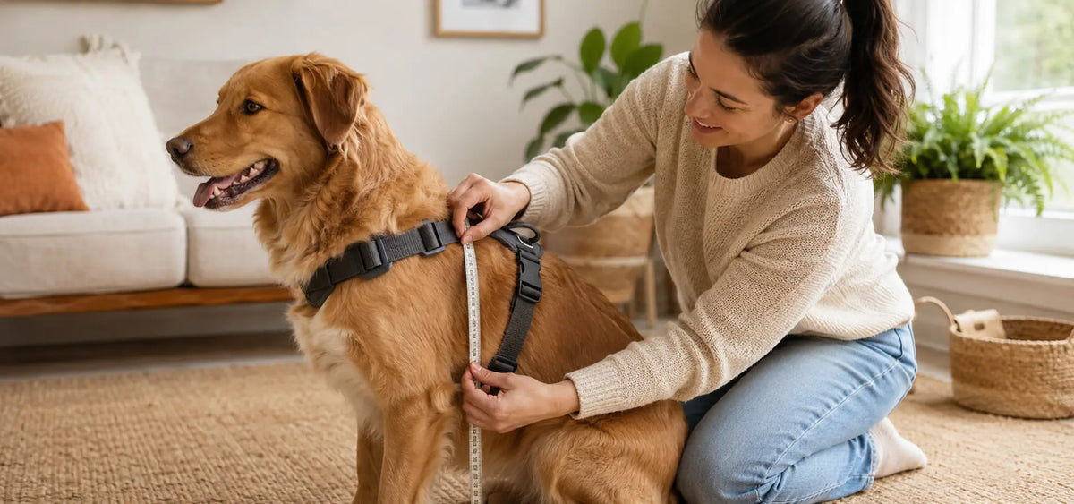 Owner measuring a dog's chest and checking harness adjustment