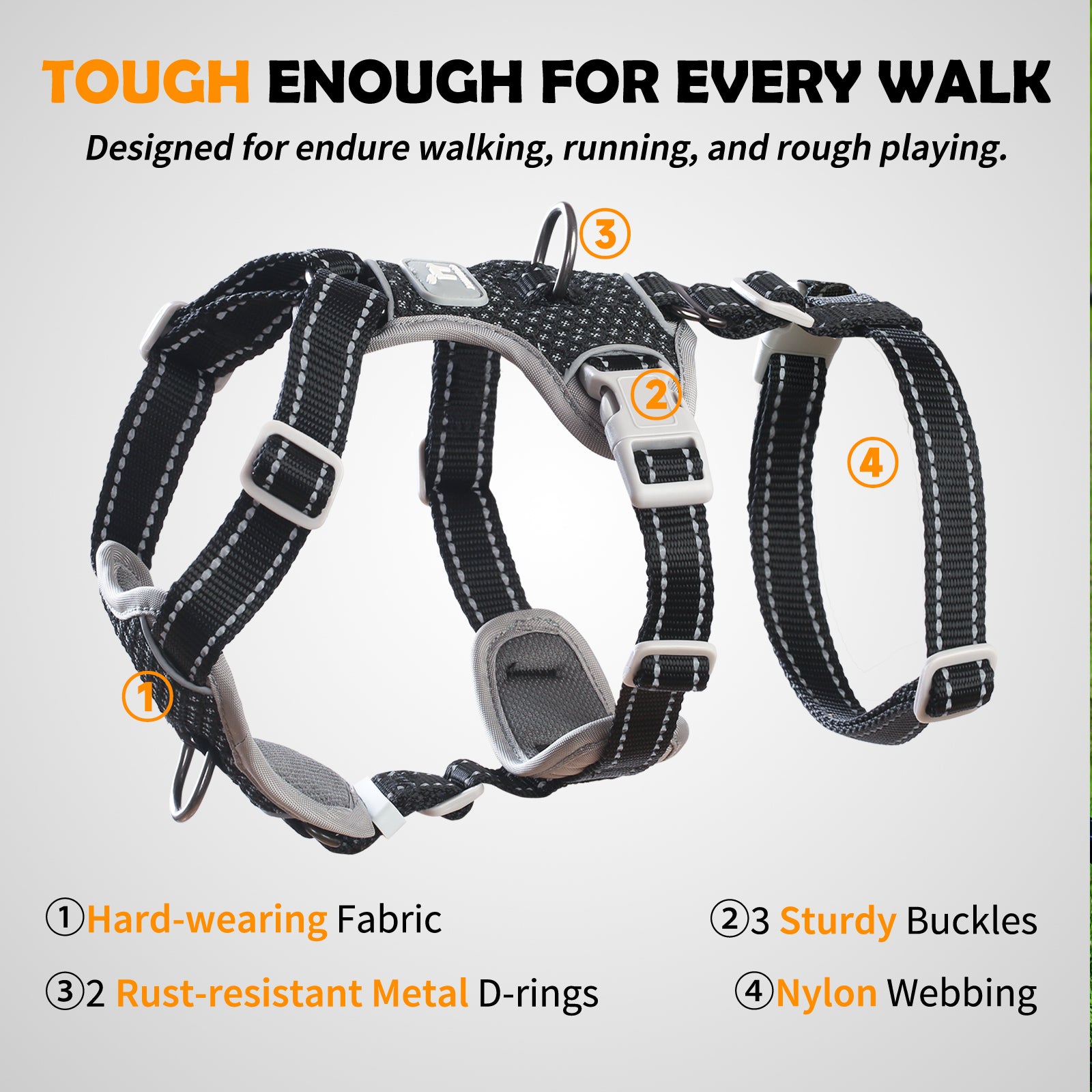 Two-in-OneGuard Reflective Black dog harness adjustment points and buckle details