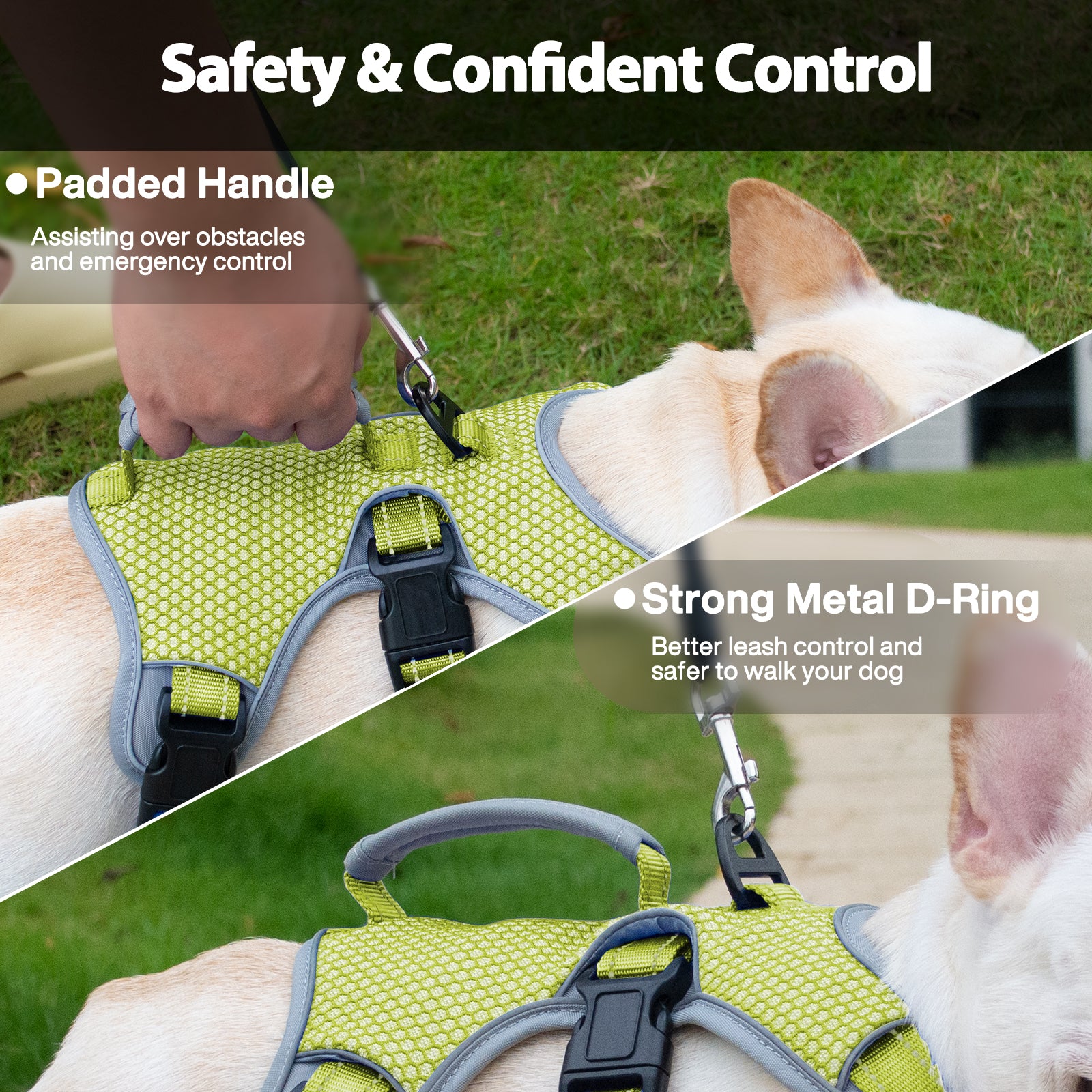 BackSecure Reflective Green dog harness adjustable straps and buckle details