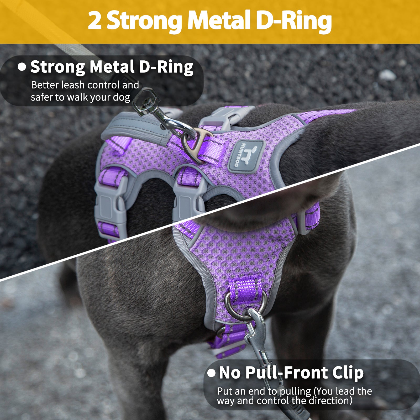 HalfGuardian Reflective Lavender Purple dog harness handle and leash attachment details