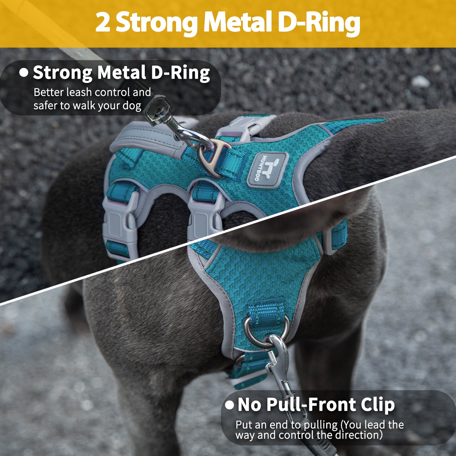 HalfGuardian Reflective Teal dog harness handle and leash attachment details