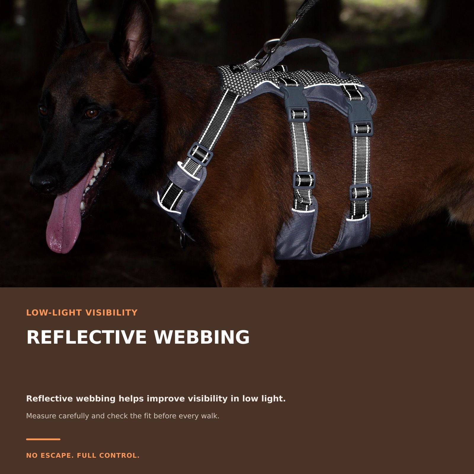 Huntboo AllShieldPro Reflective dog harness in black, key feature details #color_black