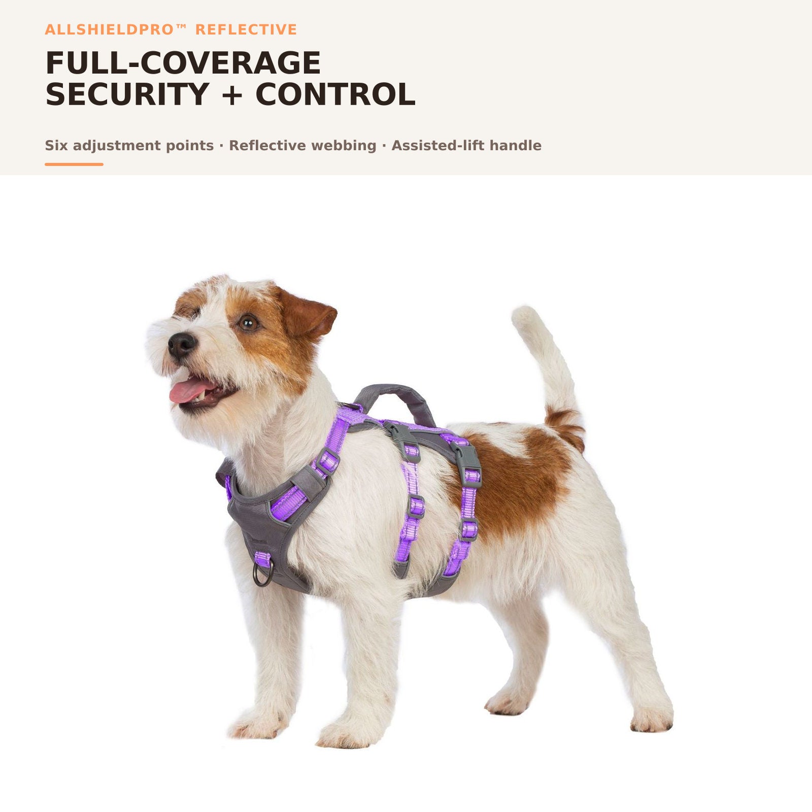 Huntboo AllShieldPro Reflective dog harness in lavender purple, overall fit and coverage #color_lavender purple