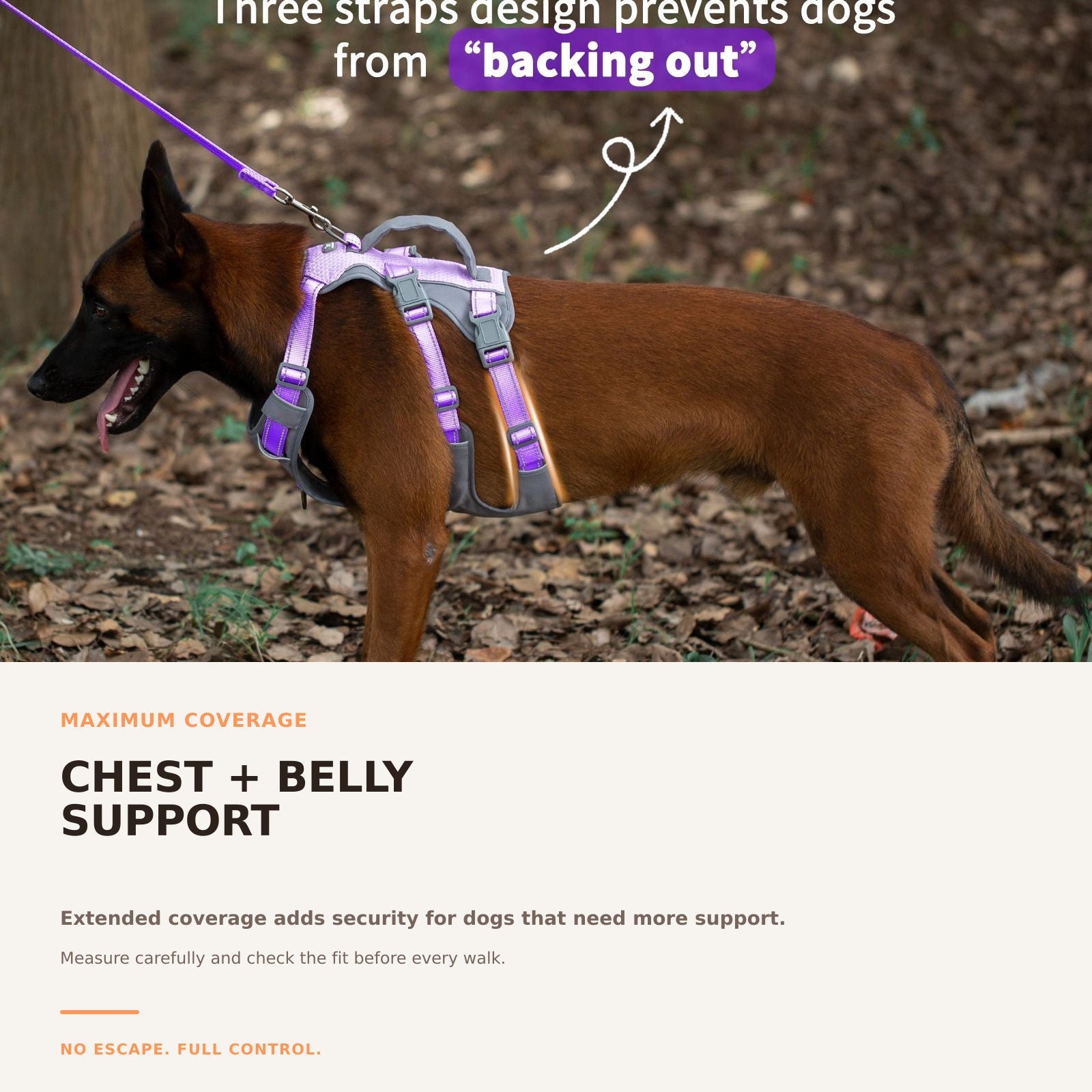 Huntboo AllShieldPro Reflective dog harness in lavender purple, secure coverage details #color_lavender purple