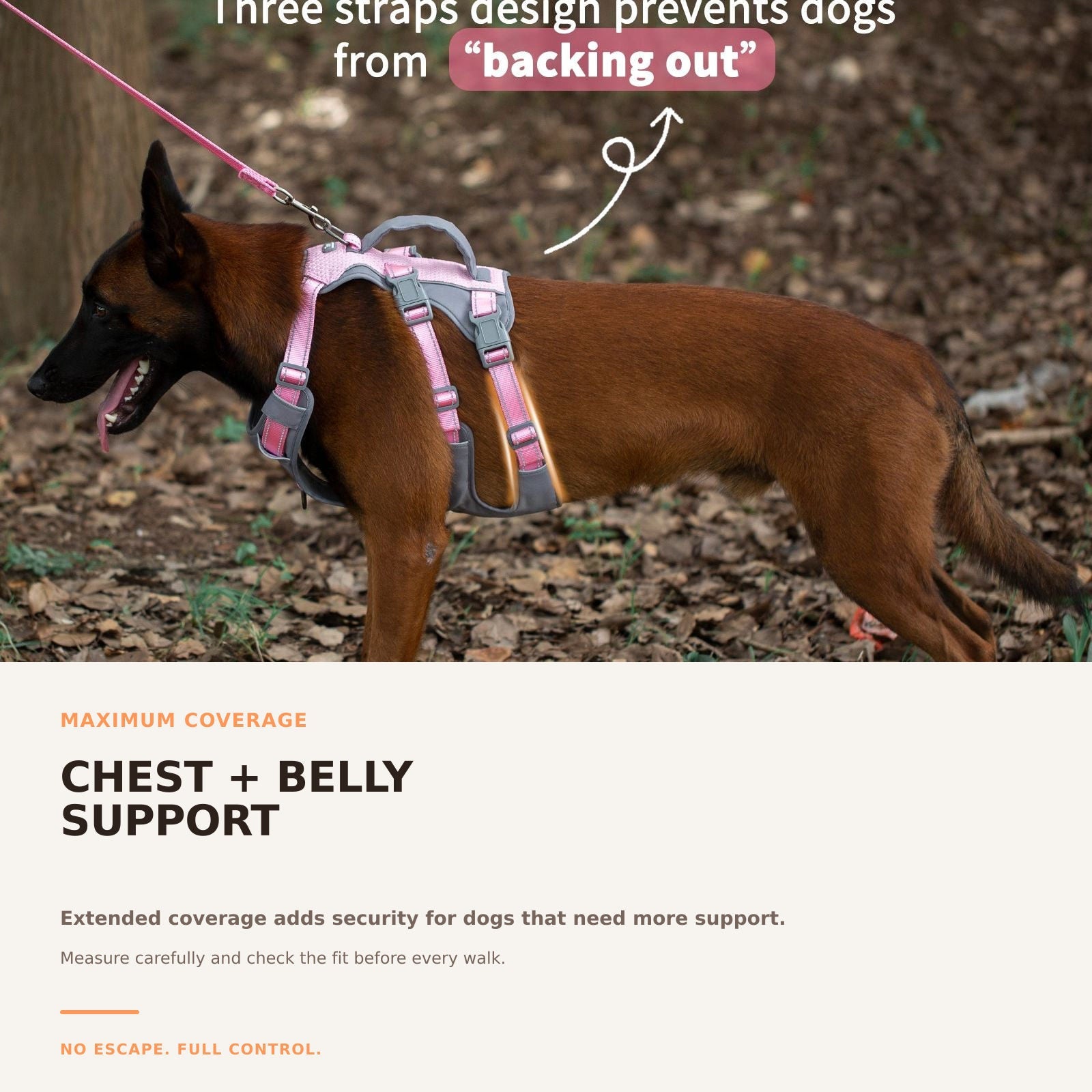 Huntboo AllShieldPro Reflective dog harness in light pink, secure coverage details #color_light pink
