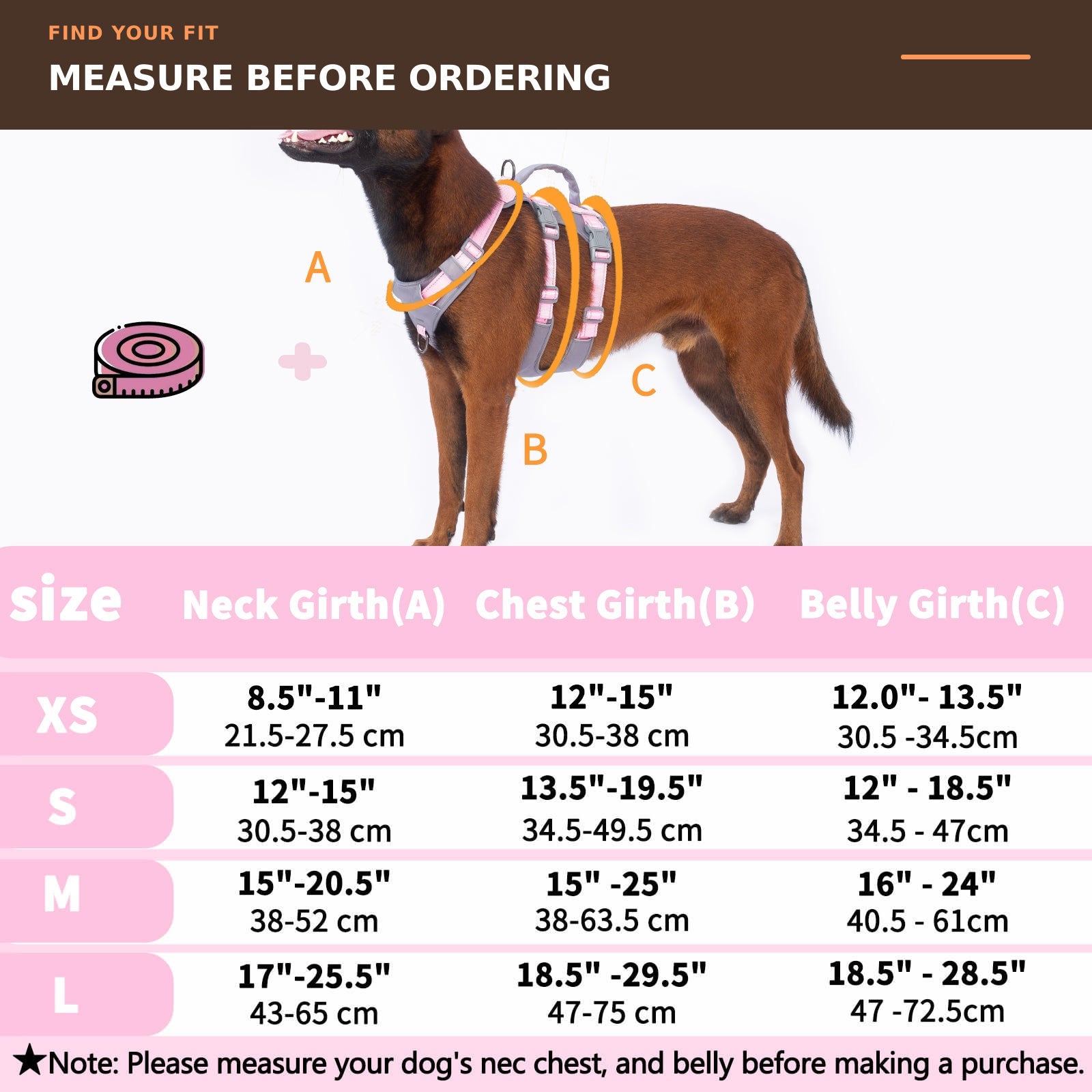 Huntboo AllShieldPro Reflective dog harness in light pink, size and measurement guide #color_light pink