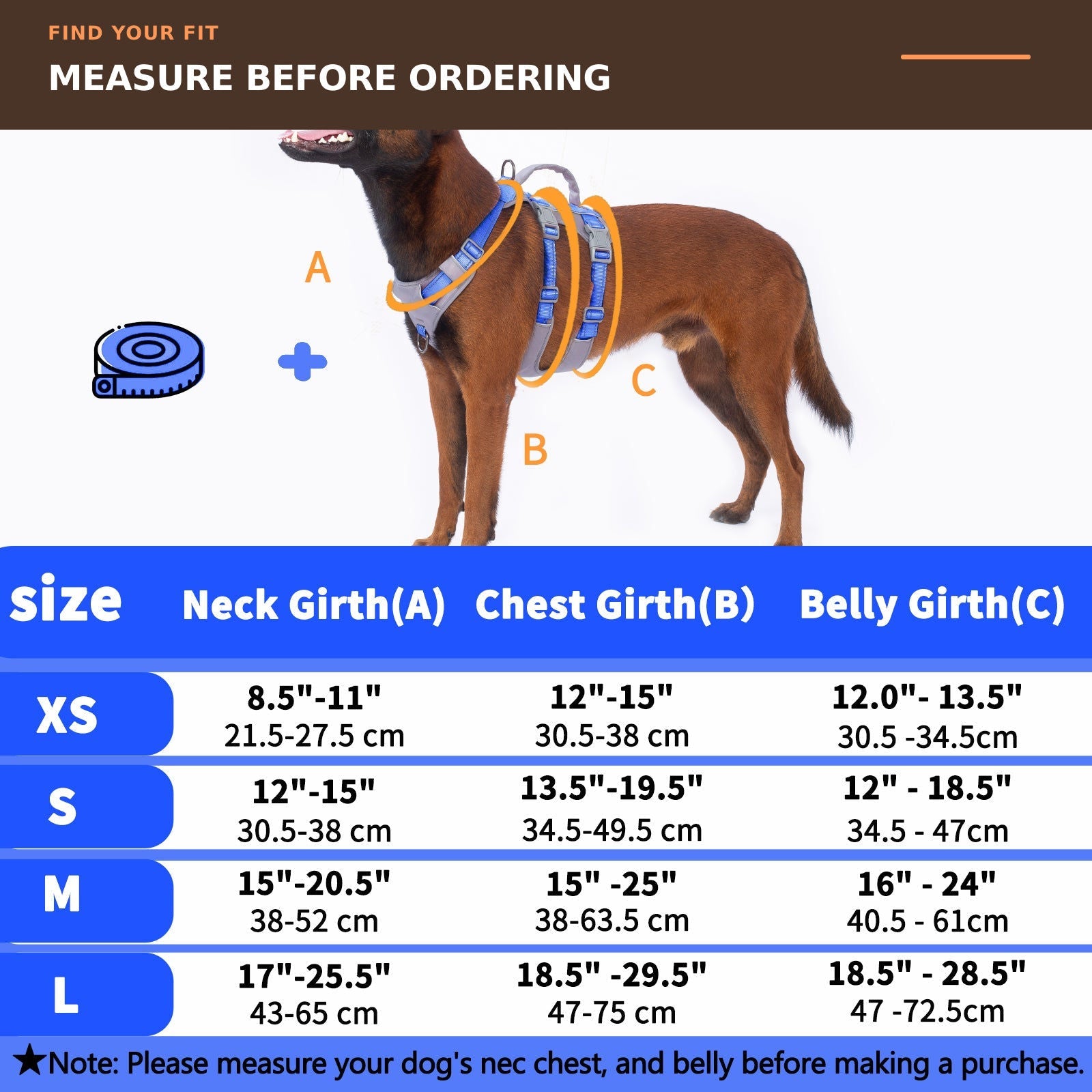 Huntboo AllShieldPro Reflective dog harness in sea blue, size and measurement guide #color_sea blue