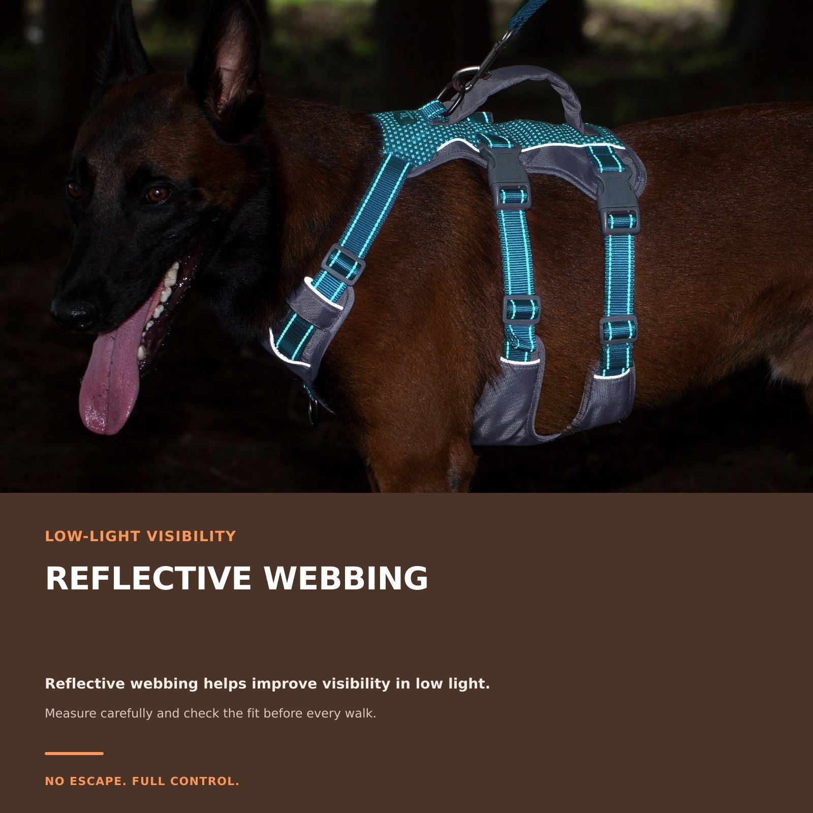 Huntboo AllShieldPro Reflective dog harness in teal blue, key feature details #color_teal blue
