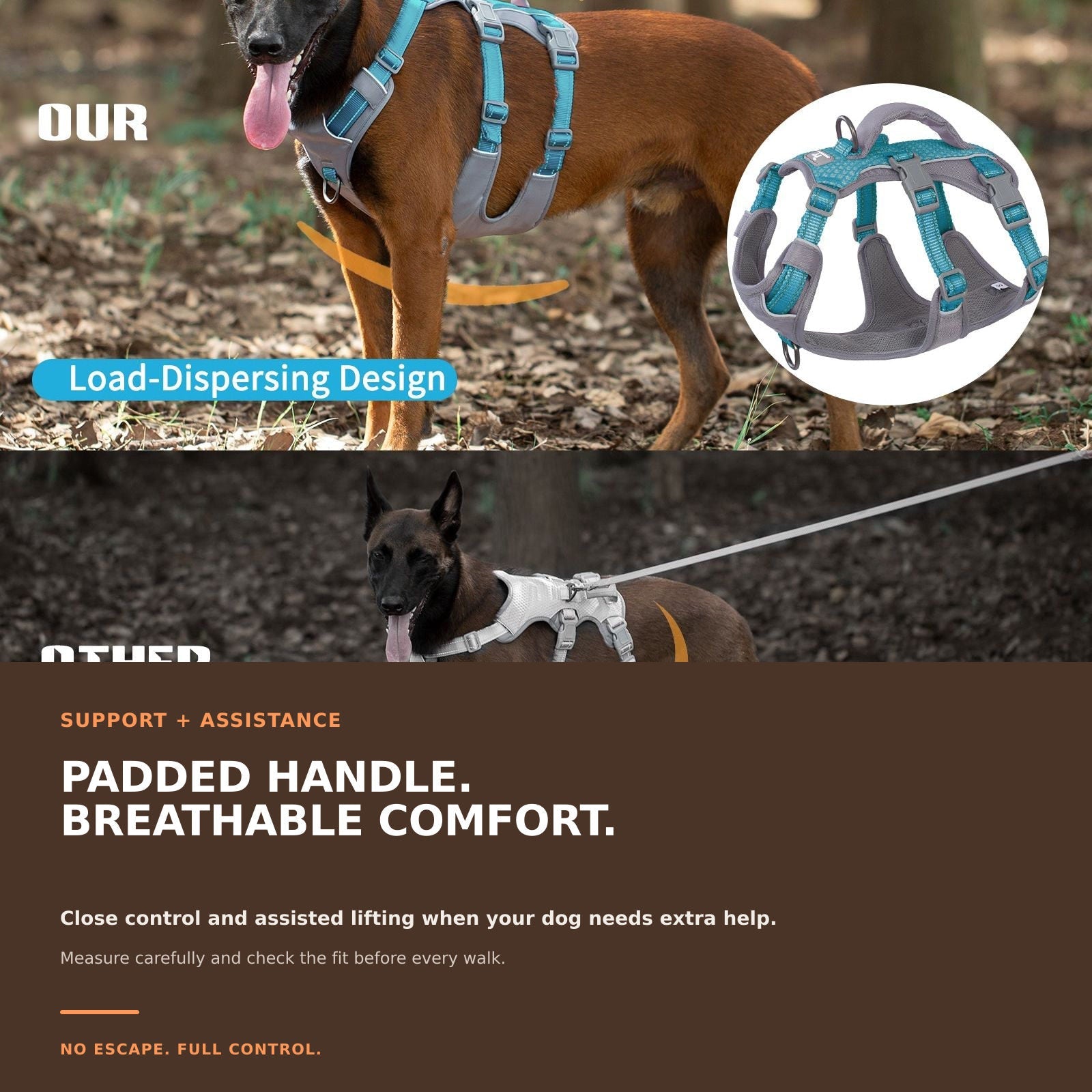 Huntboo AllShieldPro Reflective dog harness in teal blue, padded comfort details #color_teal blue