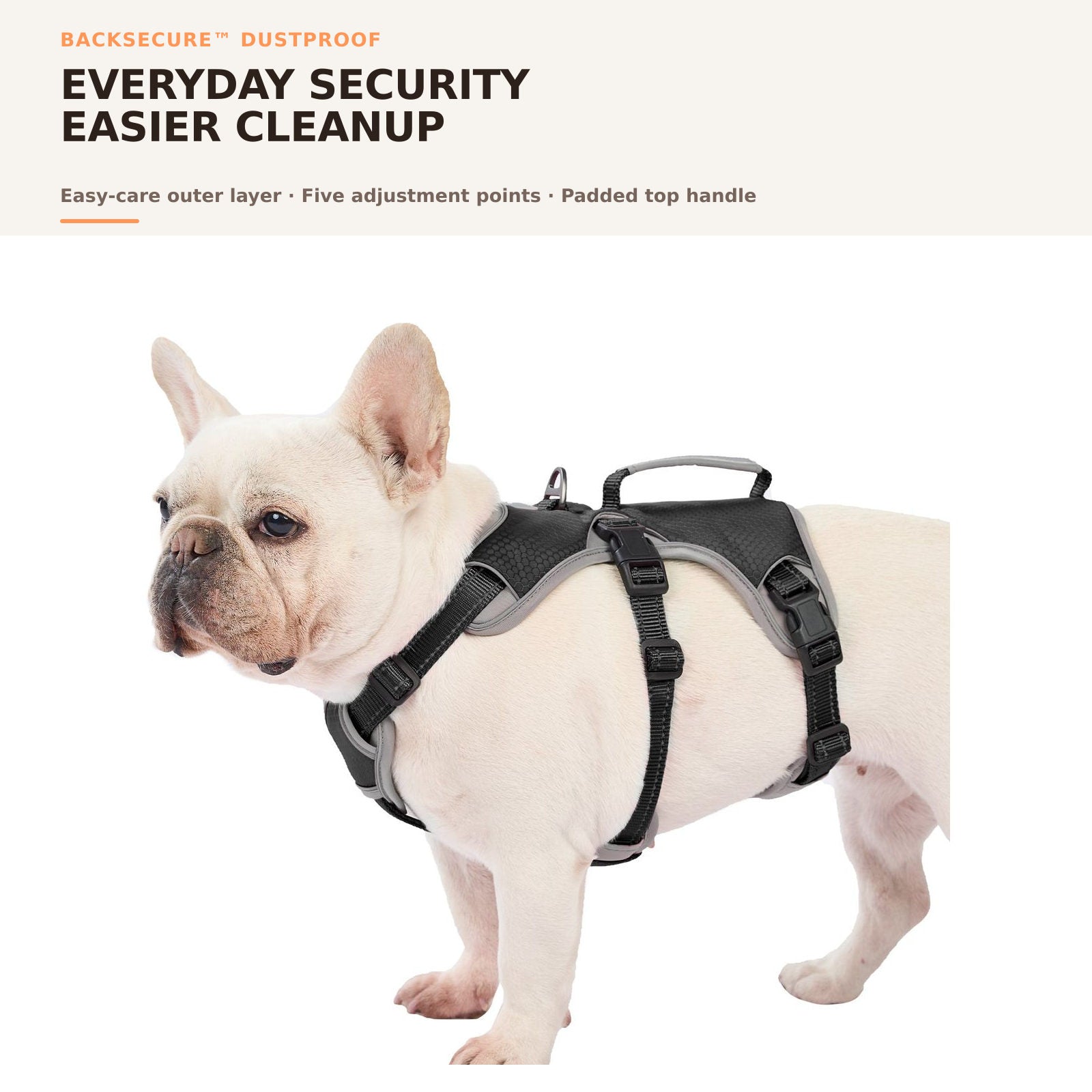 Huntboo BackSecure Dustproof dog harness in black, overall fit and coverage #color_black