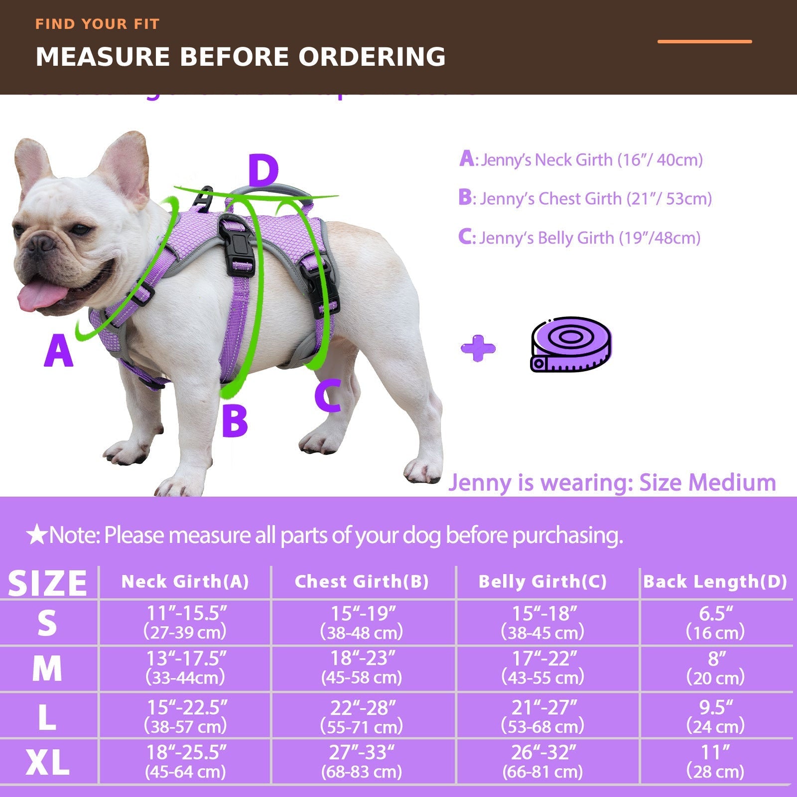 Huntboo BackSecure Reflective dog harness in lavender purple, size and measurement guide #color_lavender purple