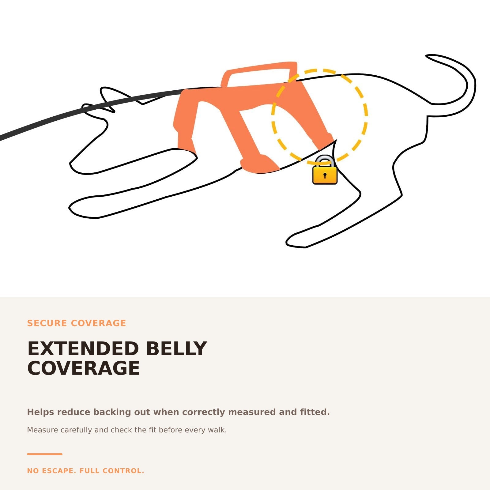 Huntboo BackSecure Reflective dog harness in orange, secure coverage details #color_orange