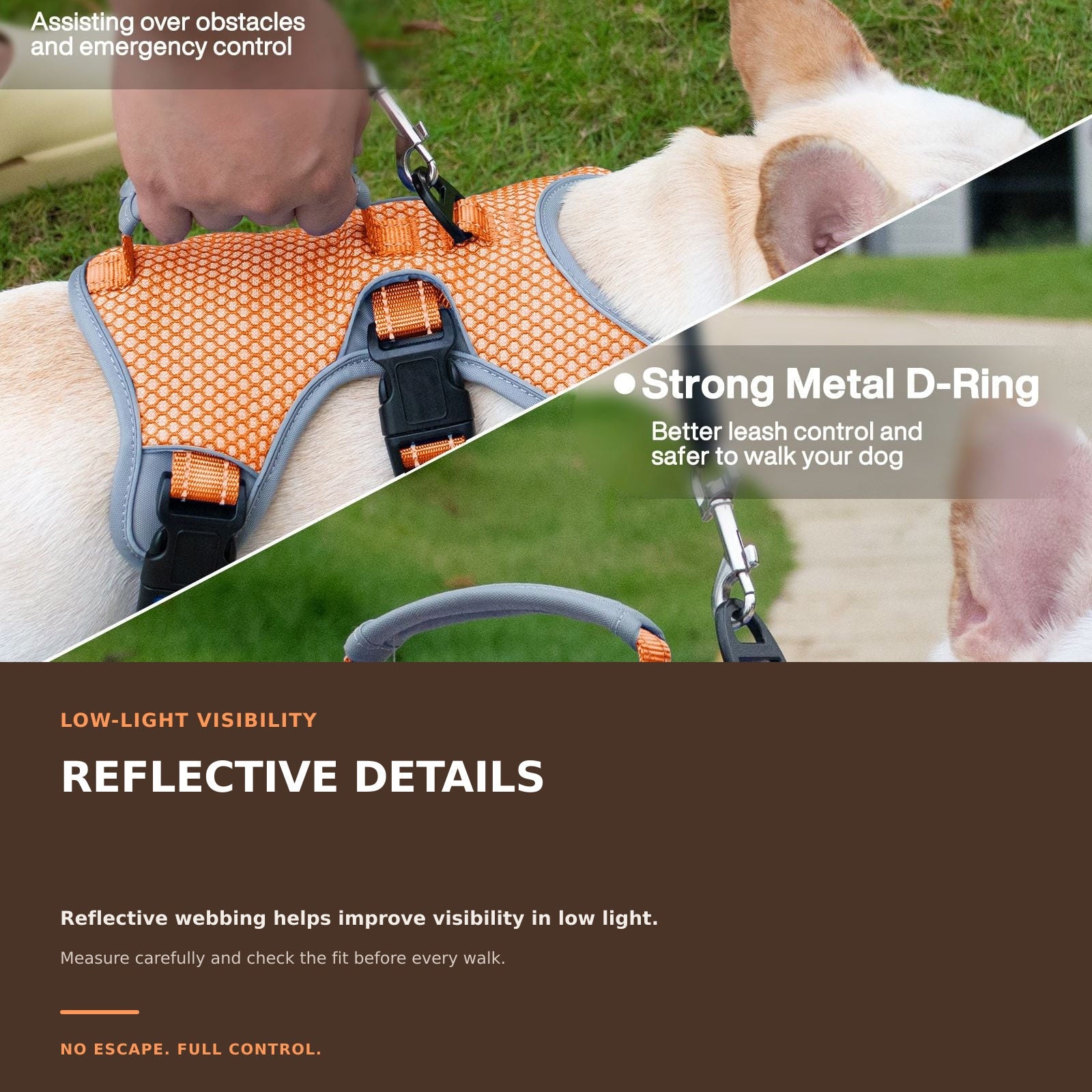 Huntboo BackSecure Reflective dog harness in orange, key feature details #color_orange