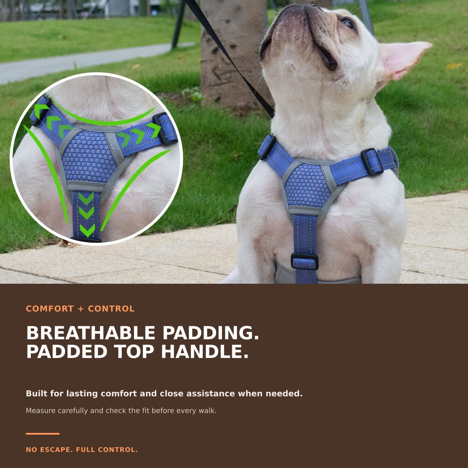 Huntboo BackSecure Reflective dog harness in tech blue, padded comfort details #color_tech blue