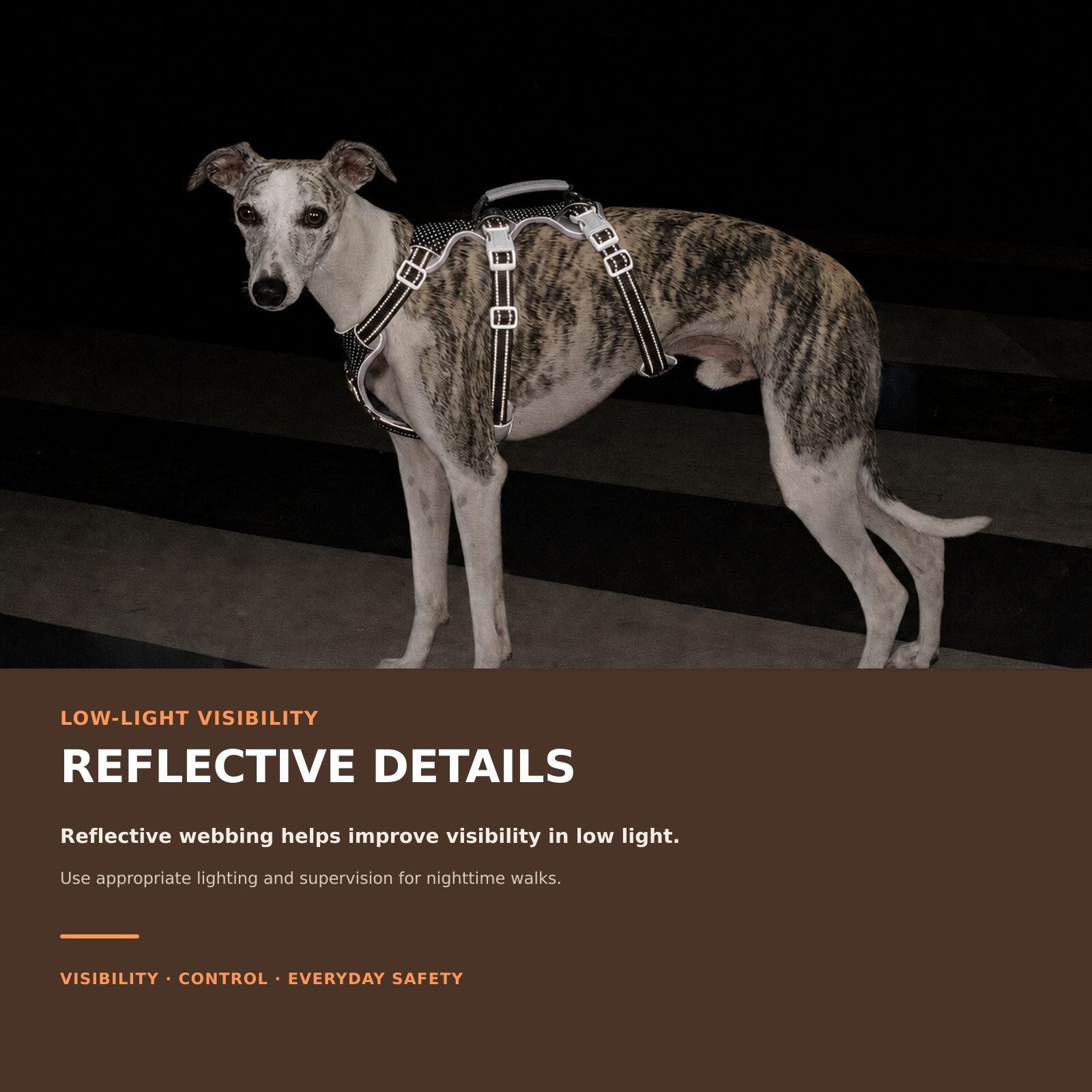 Huntboo HalfGuardian Reflective escape-proof dog harness in static black, reflective visibility details #color_static black