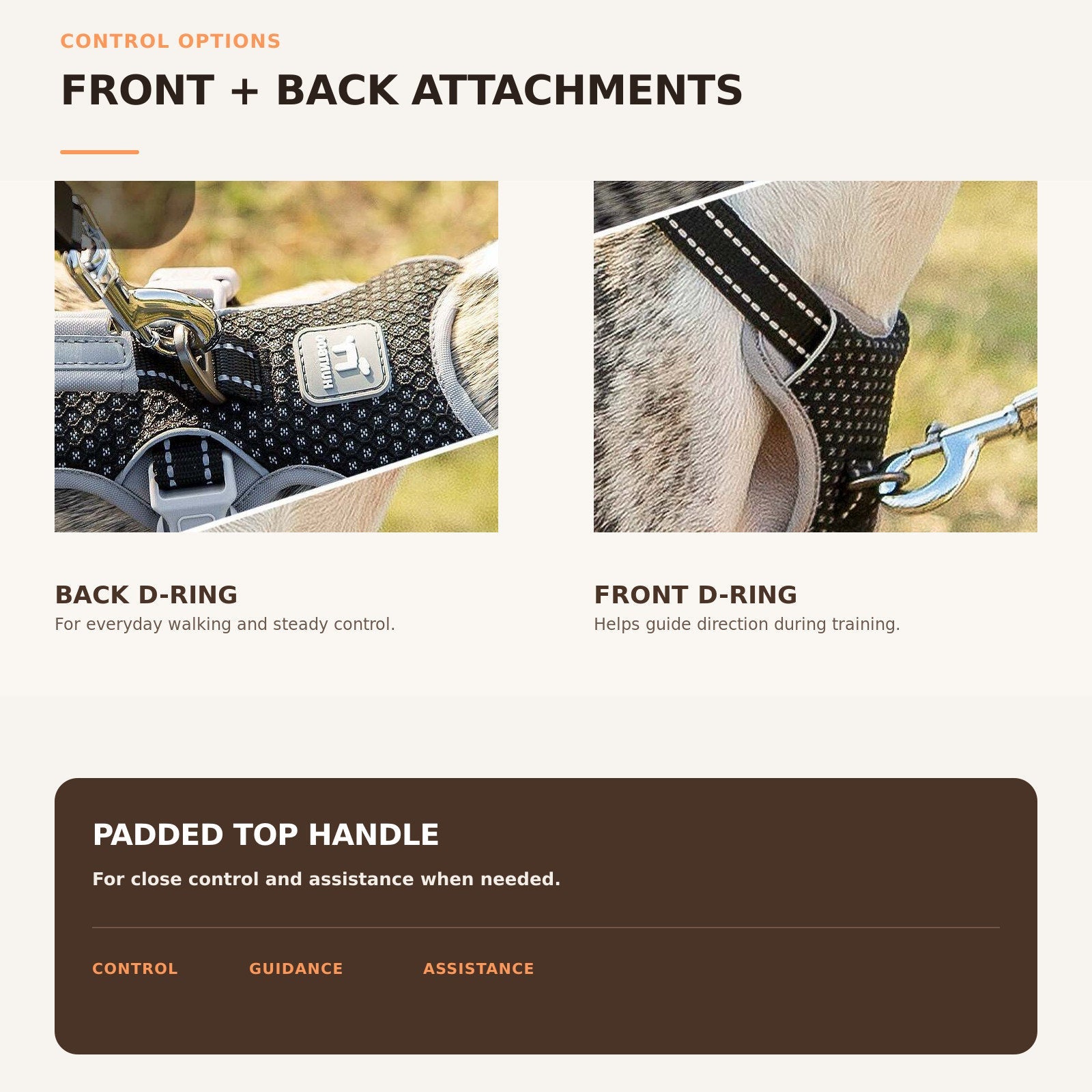 Huntboo HalfGuardian Reflective escape-proof dog harness in static black, front and back leash control options #color_static black