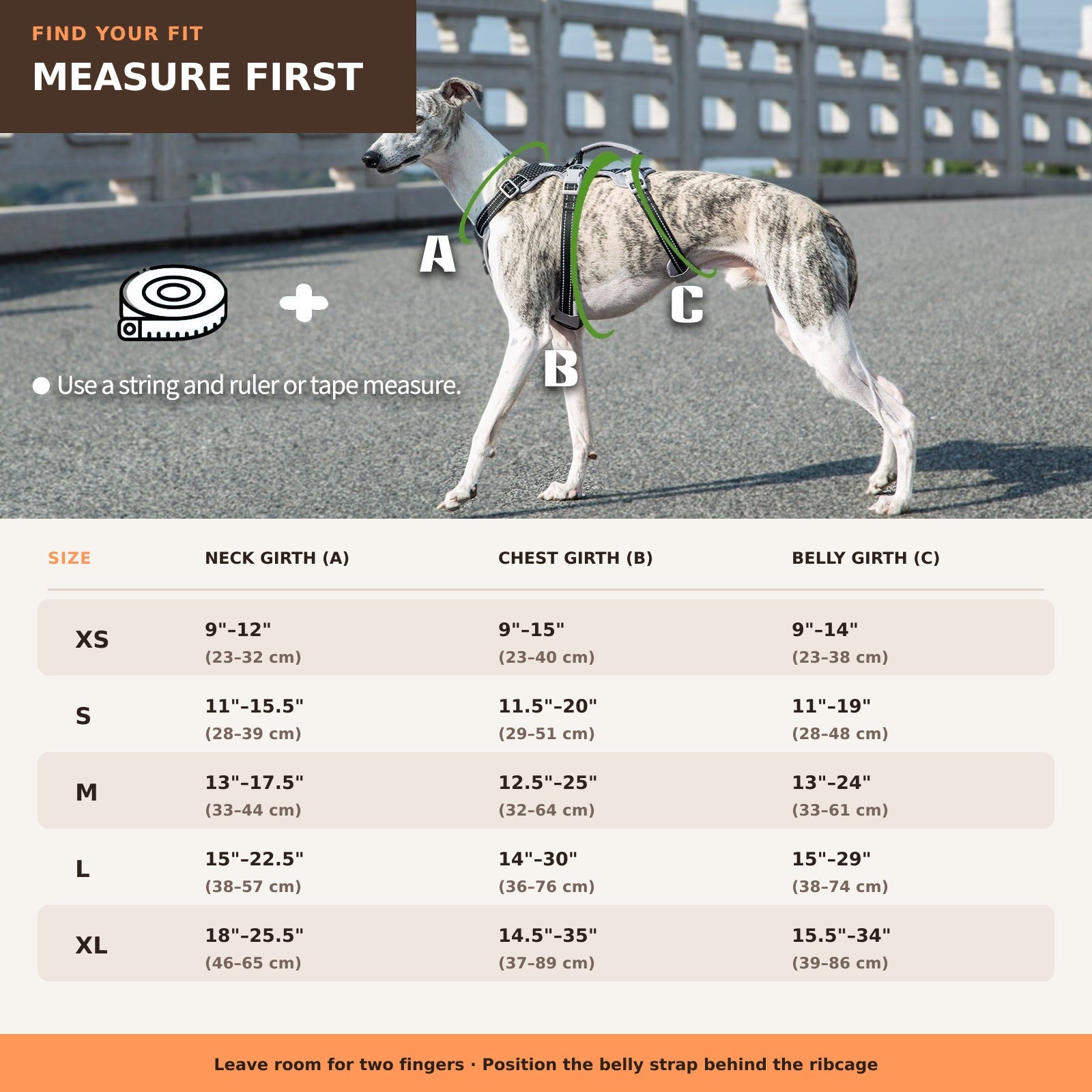 Huntboo HalfGuardian Reflective escape-proof dog harness in static black, size and measurement guide #color_static black