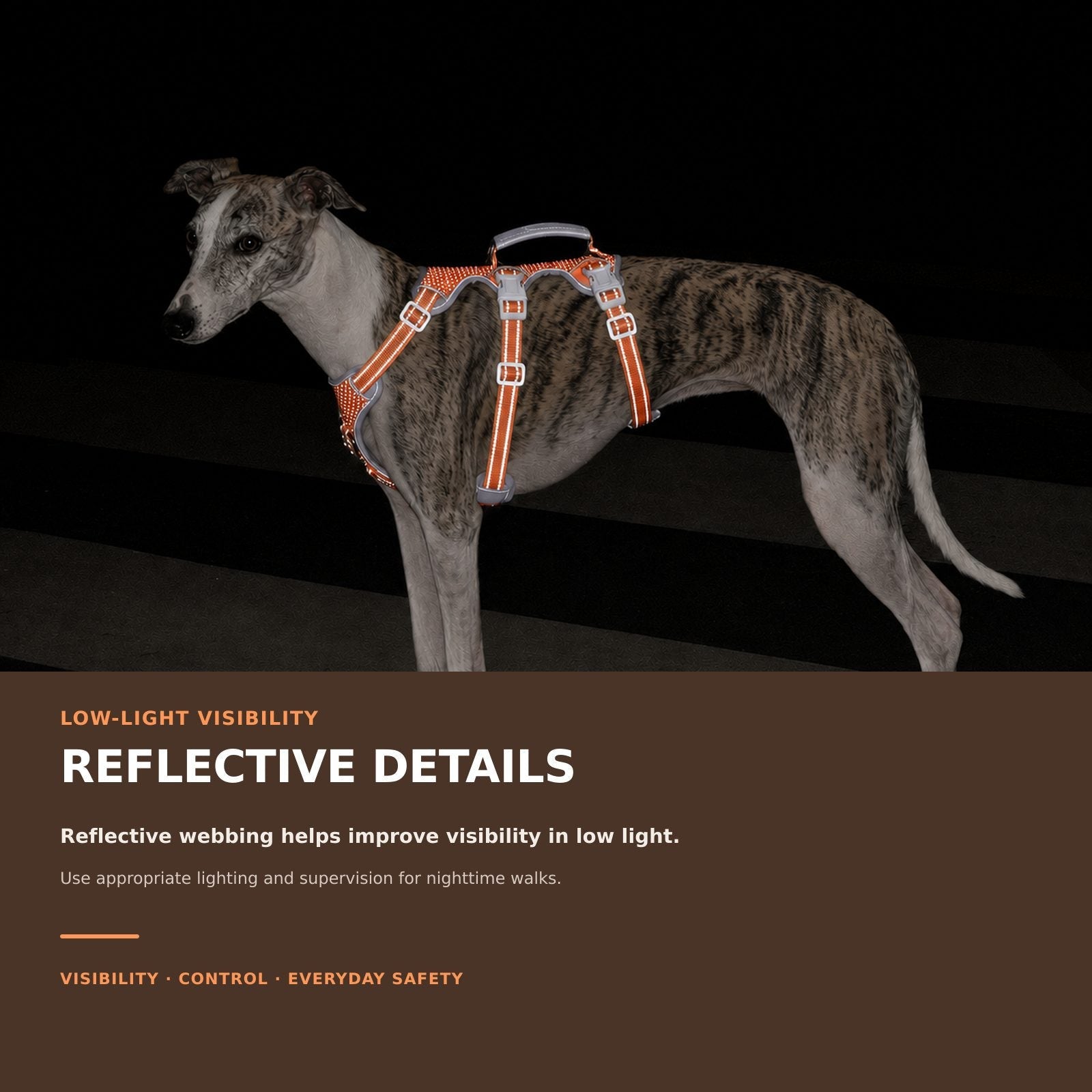 Huntboo HalfGuardian Reflective escape-proof dog harness in bright orange, reflective visibility details #color_bright orange