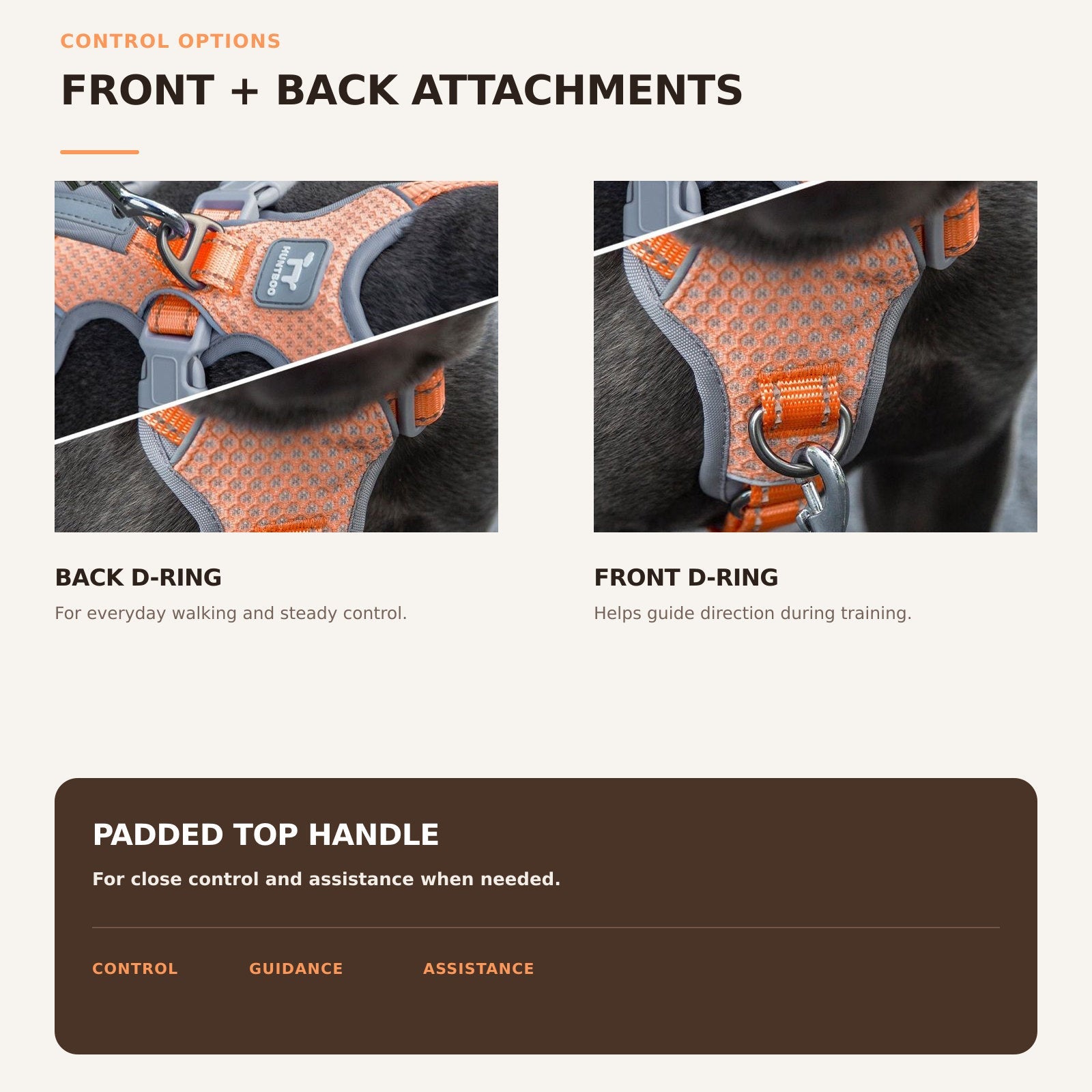 Huntboo HalfGuardian Reflective escape-proof dog harness in bright orange, front and back leash control options #color_bright orange