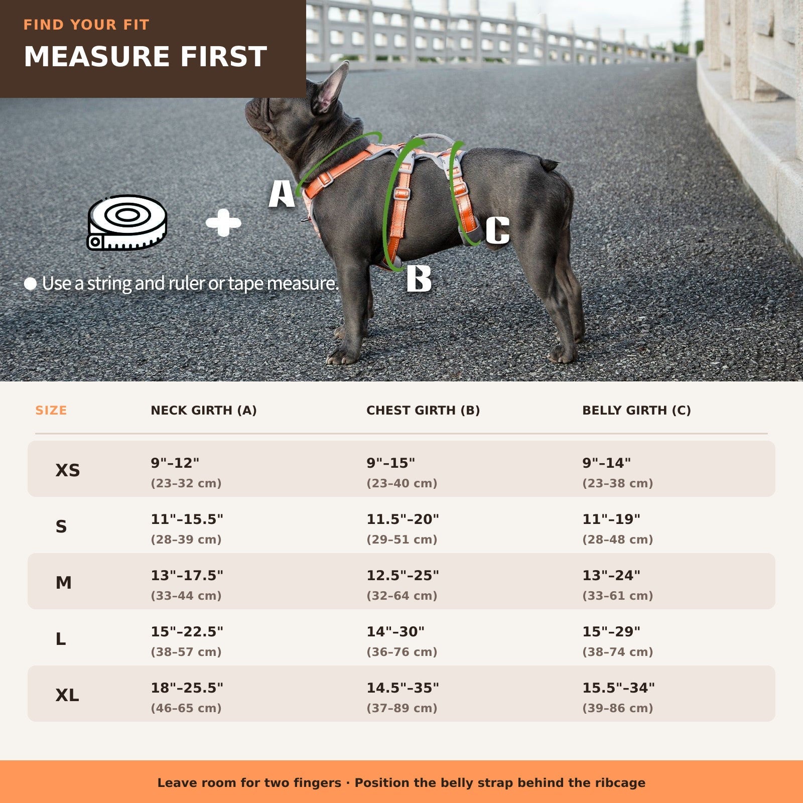 Huntboo HalfGuardian Reflective escape-proof dog harness in bright orange, size and measurement guide #color_bright orange