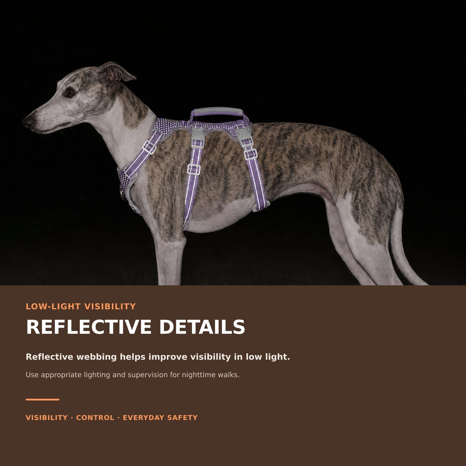 Huntboo HalfGuardian Reflective escape-proof dog harness in lavender purple, reflective visibility details #color_lavender purple