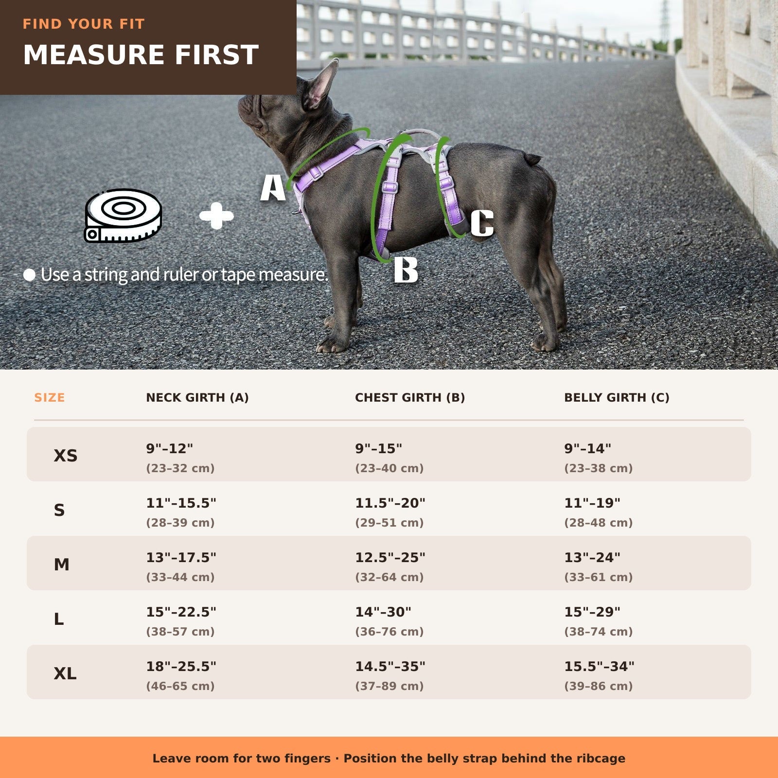 Huntboo HalfGuardian Reflective escape-proof dog harness in lavender purple, size and measurement guide #color_lavender purple