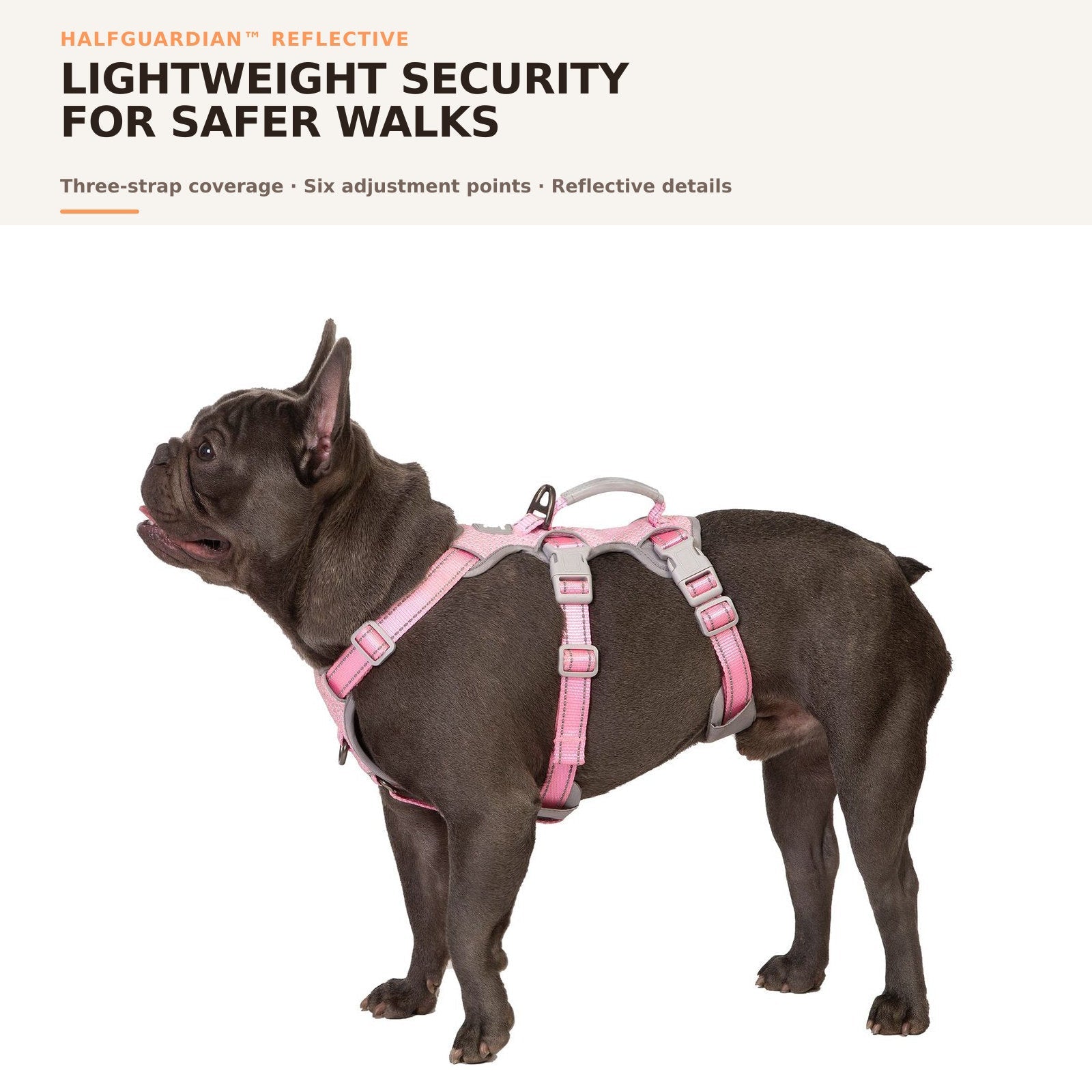 Huntboo HalfGuardian Reflective escape-proof dog harness in light pink, on-dog overview #color_light pink