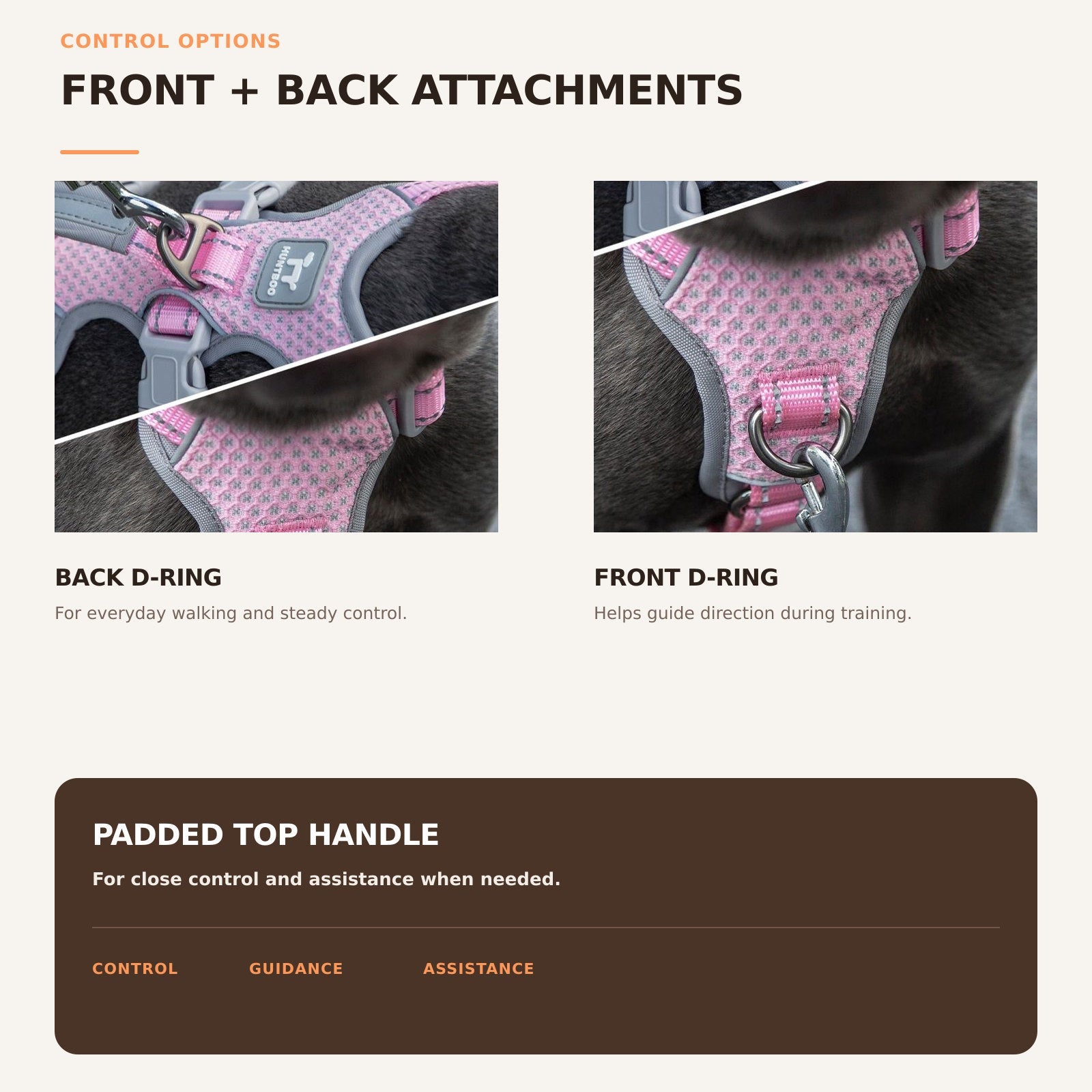 Huntboo HalfGuardian Reflective escape-proof dog harness in light pink, front and back leash control options #color_light pink