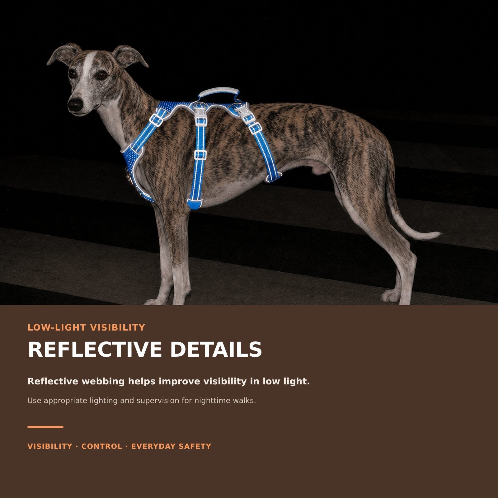Huntboo HalfGuardian Reflective escape-proof dog harness in sea blue, reflective visibility details #color_sea blue