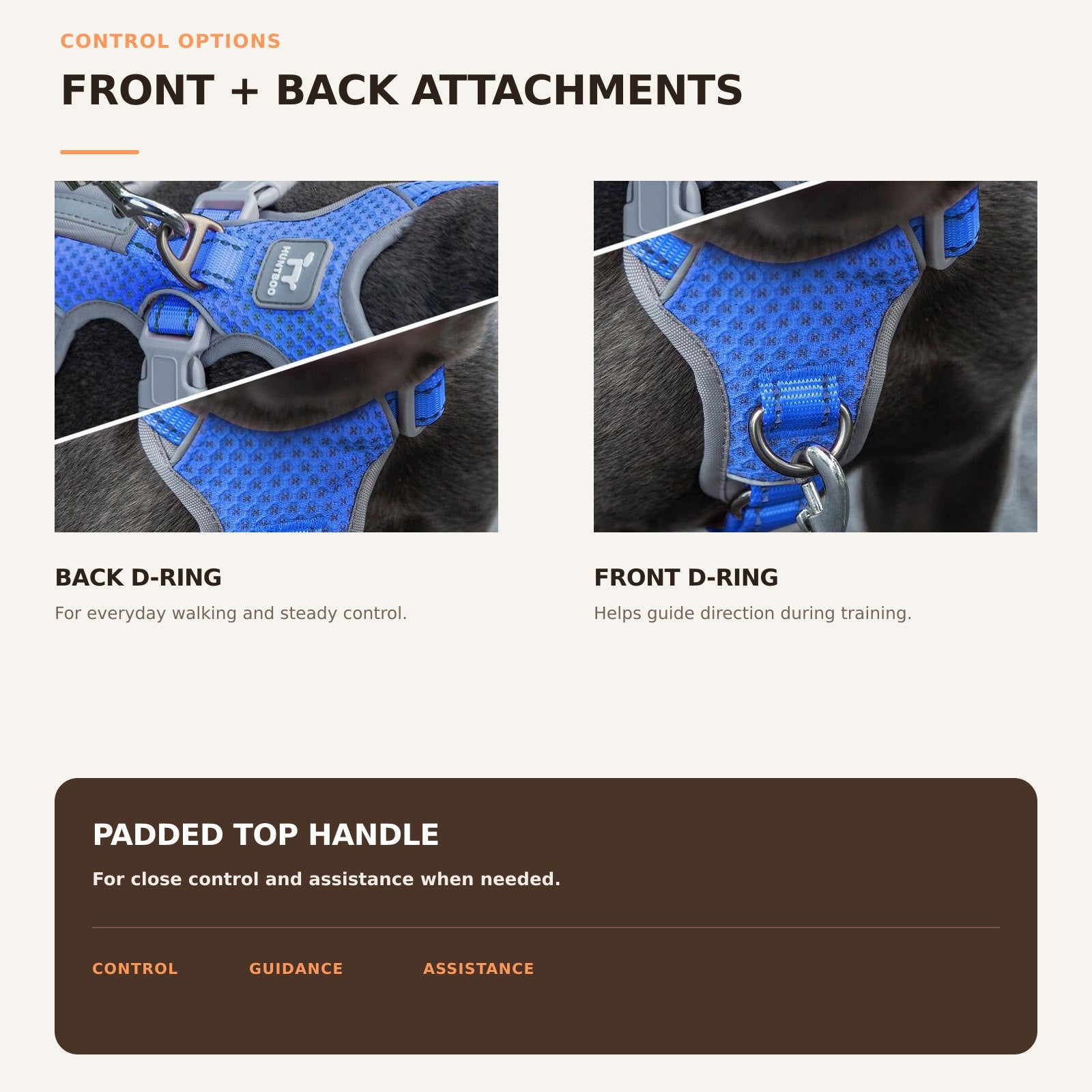 Huntboo HalfGuardian Reflective escape-proof dog harness in sea blue, front and back leash control options #color_sea blue