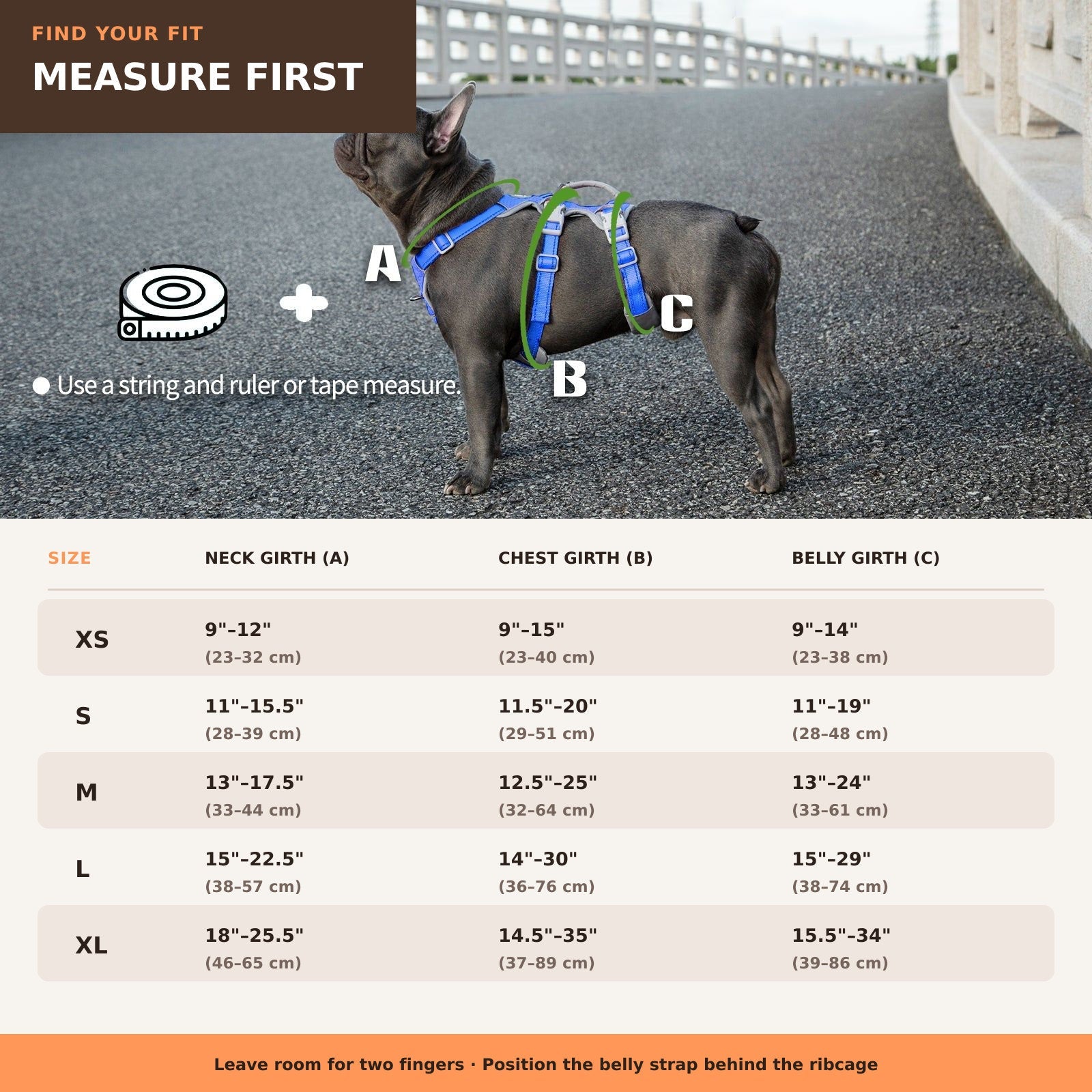 Huntboo HalfGuardian Reflective escape-proof dog harness in sea blue, size and measurement guide #color_sea blue