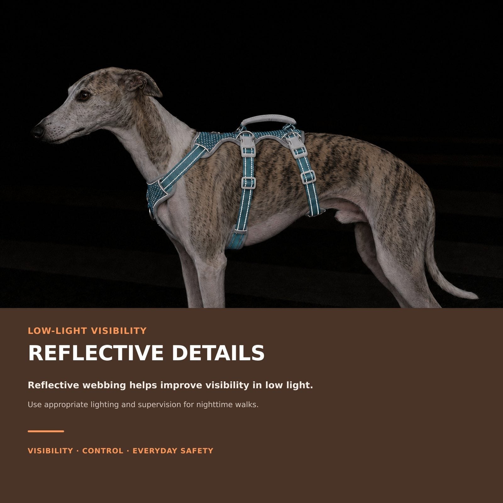 Huntboo HalfGuardian Reflective escape-proof dog harness in teal, reflective visibility details #color_teal
