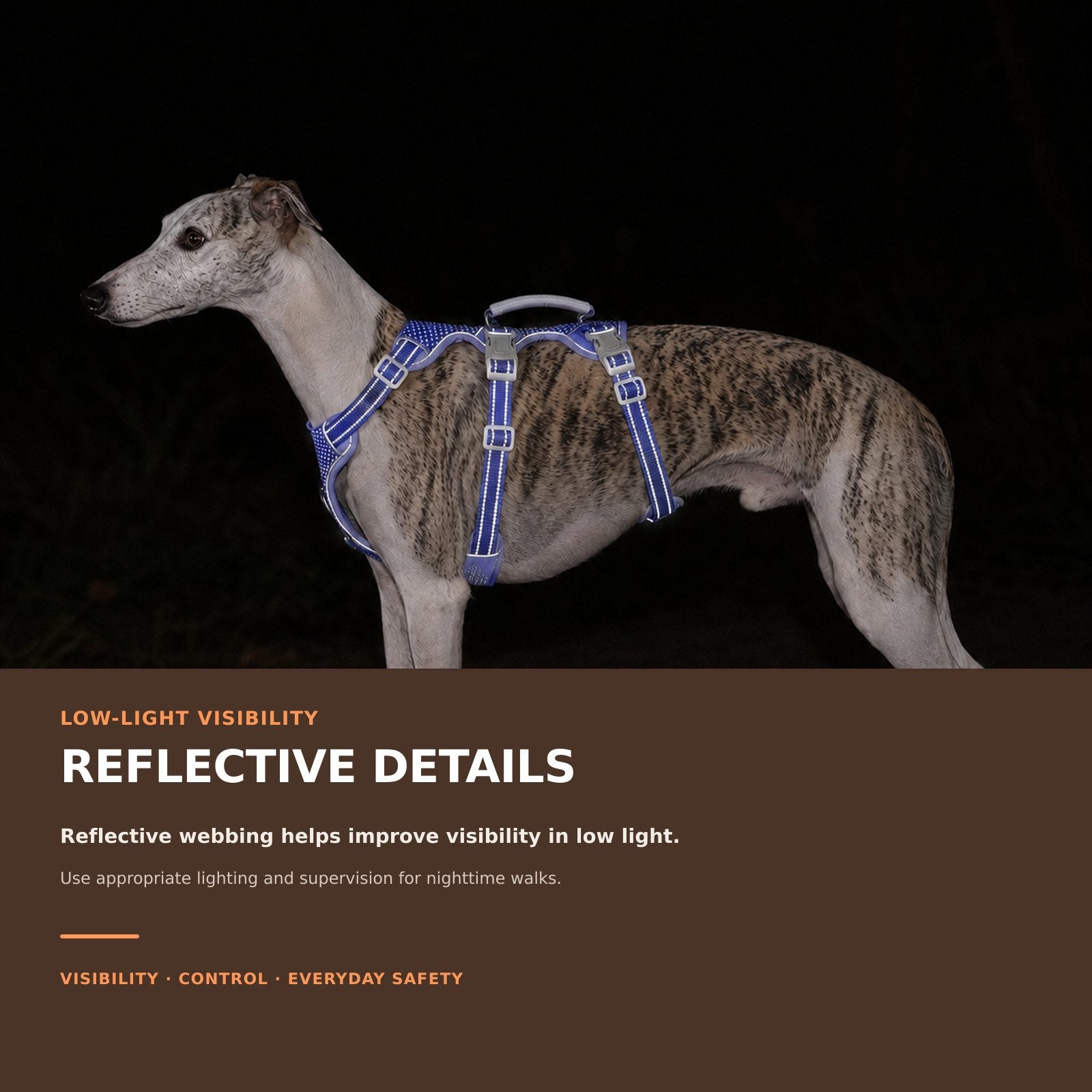 Huntboo HalfGuardian Reflective escape-proof dog harness in tech blue, reflective visibility details #color_tech blue