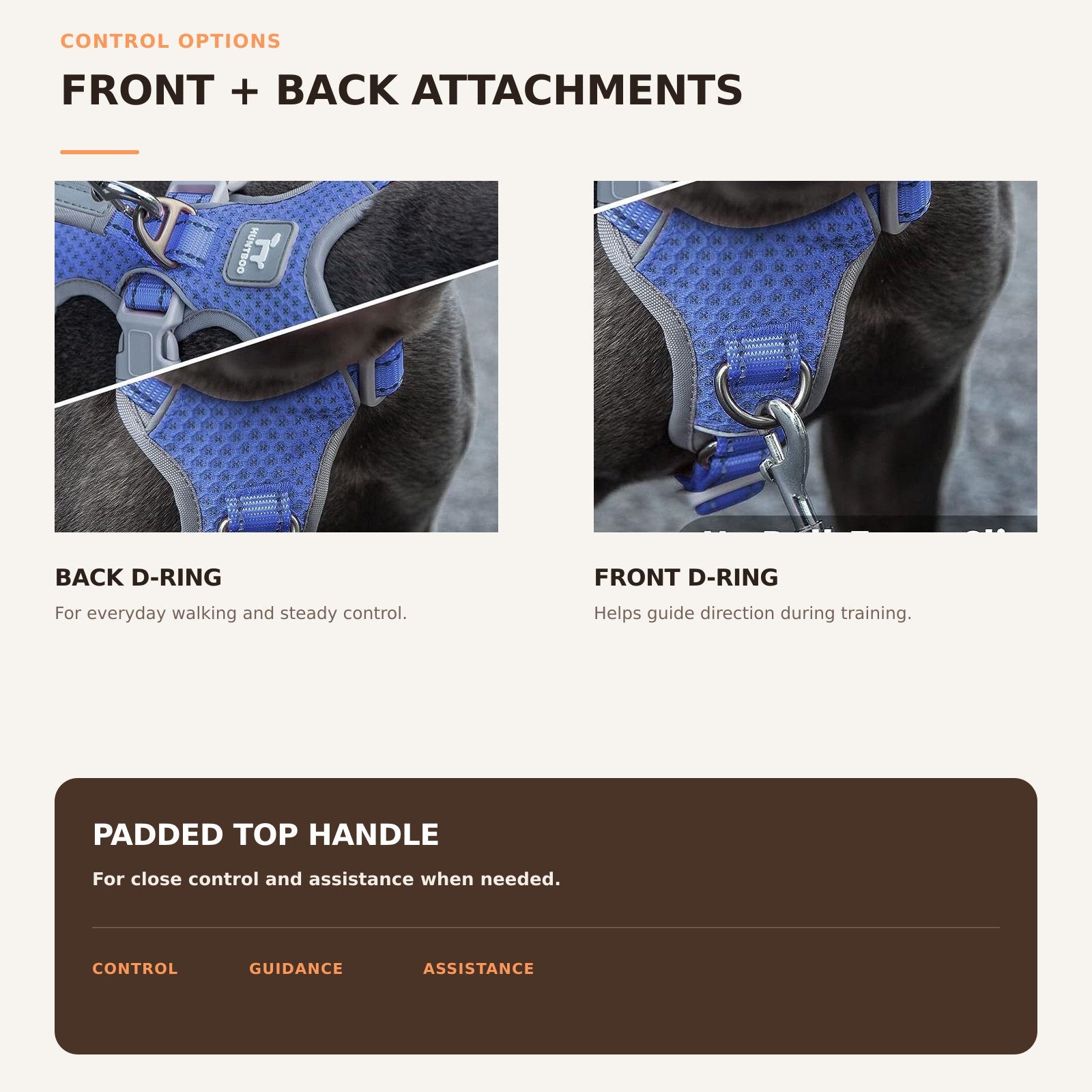 Huntboo HalfGuardian Reflective escape-proof dog harness in tech blue, front and back leash control options #color_tech blue