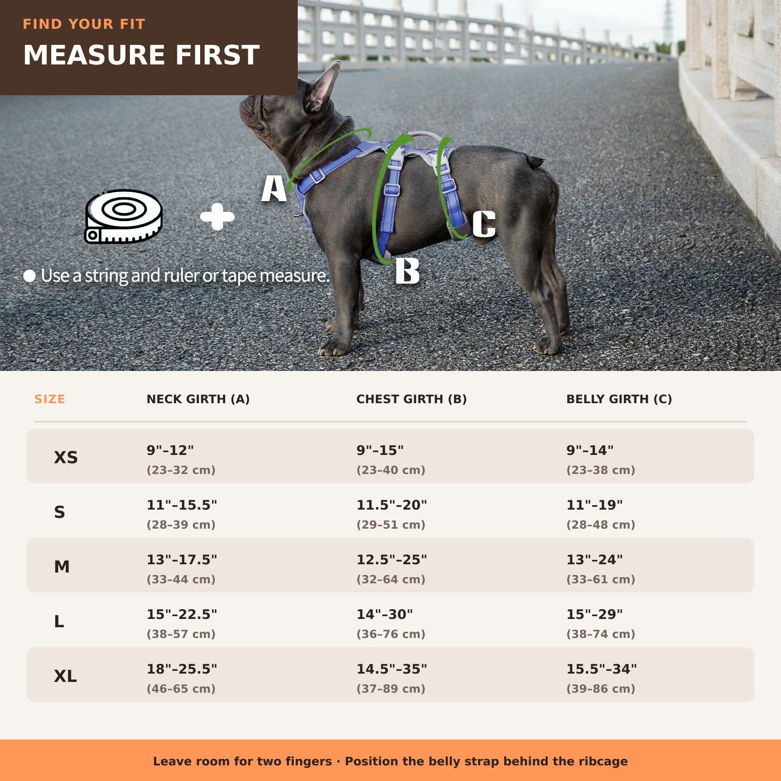 Huntboo HalfGuardian Reflective escape-proof dog harness in tech blue, size and measurement guide #color_tech blue