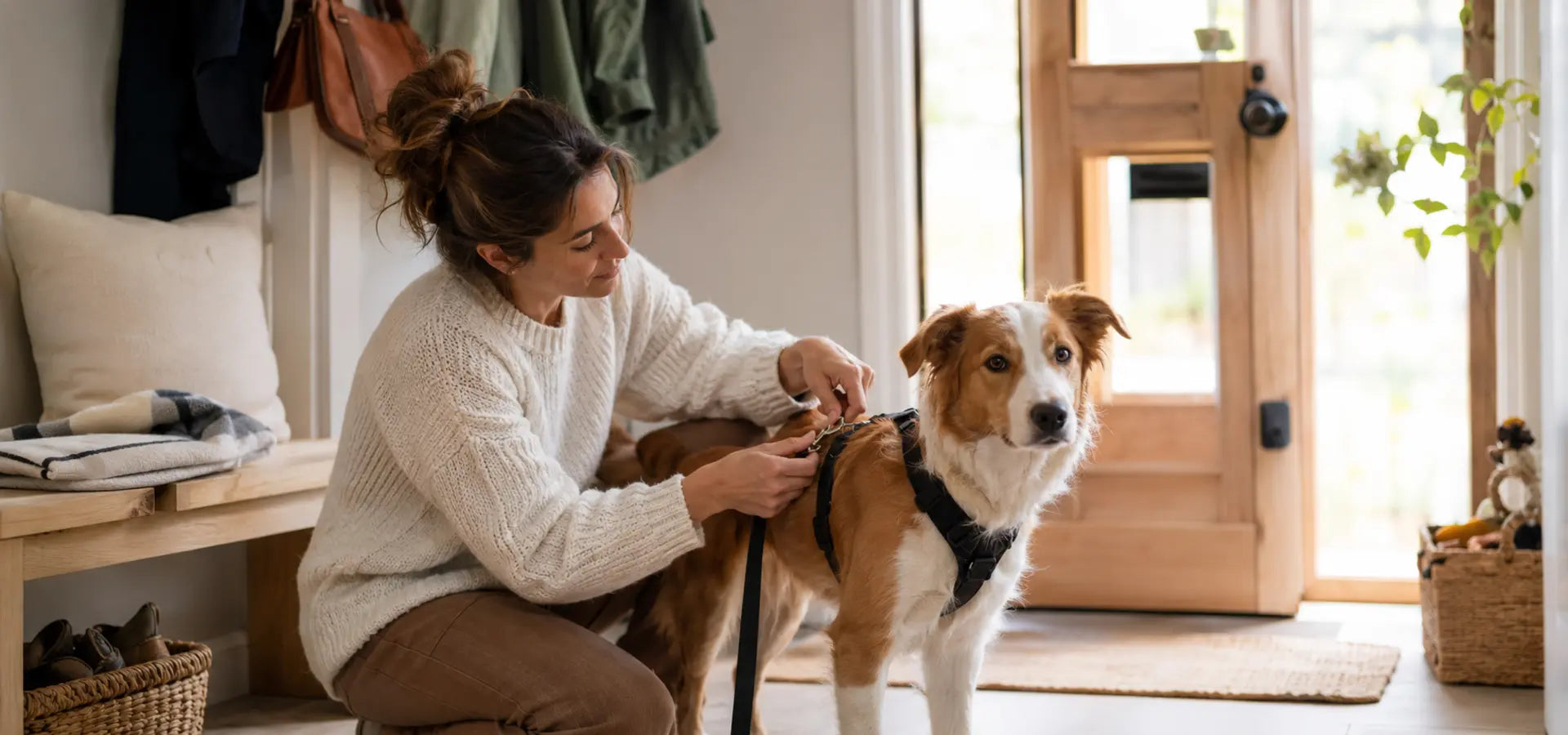 Owner calmly fastening walking gear for an anxious dog