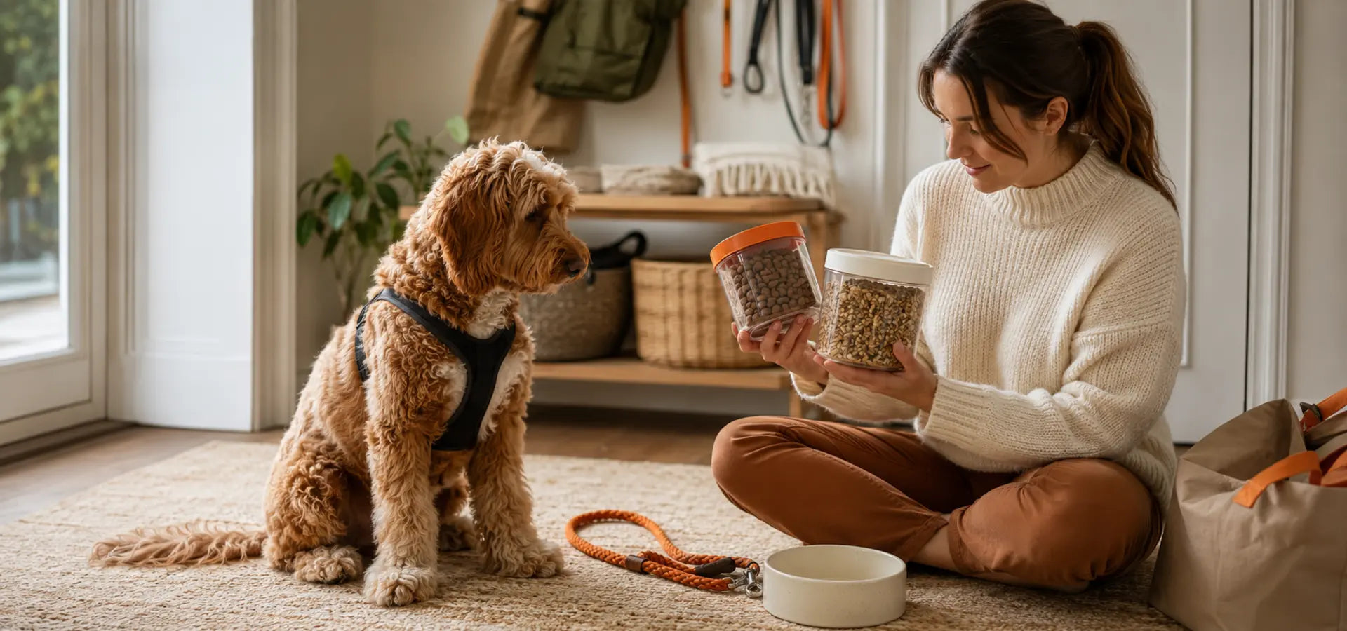 Owner planning a gradual dog food change around walking routines