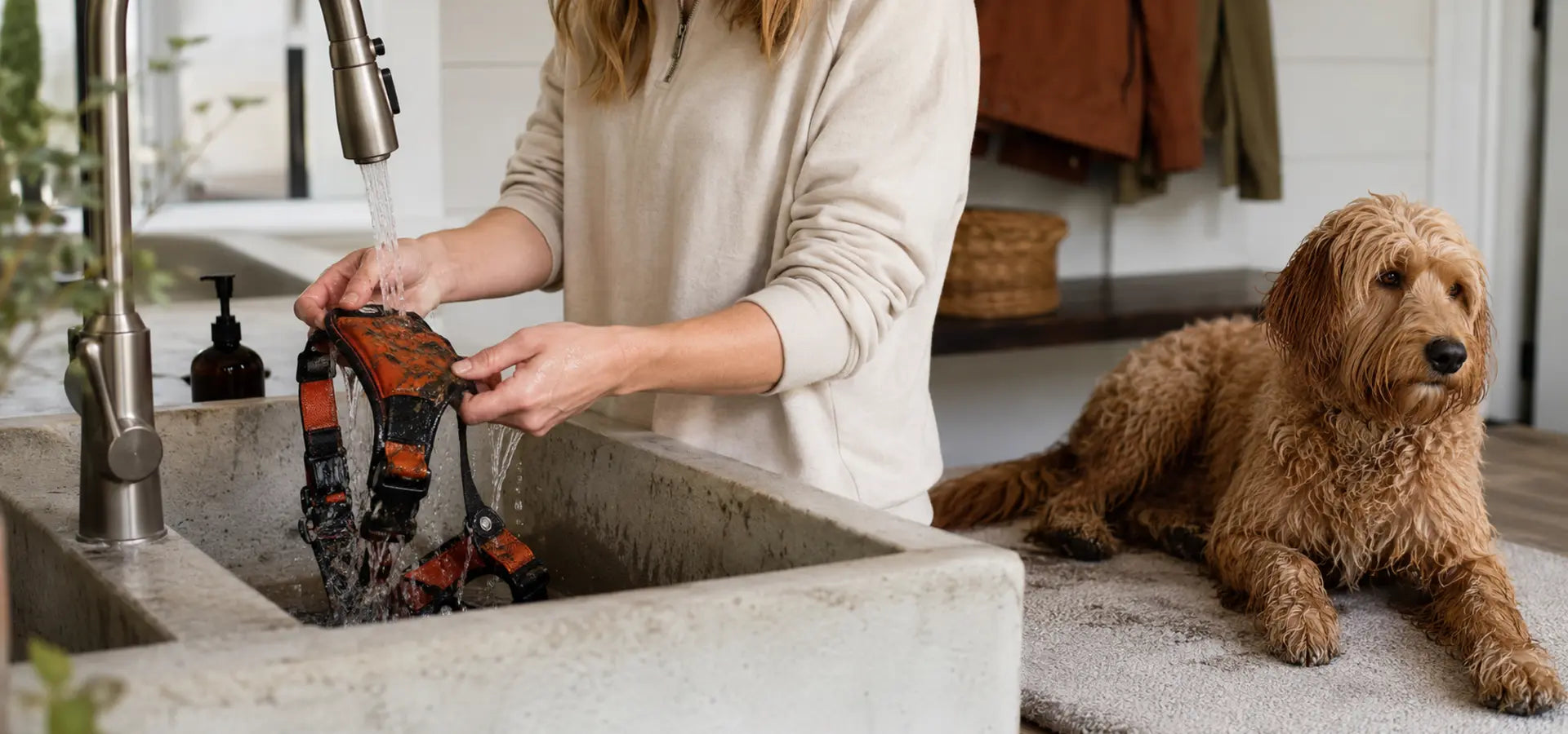 Owner cleaning a muddy dog harness after a wet walk
