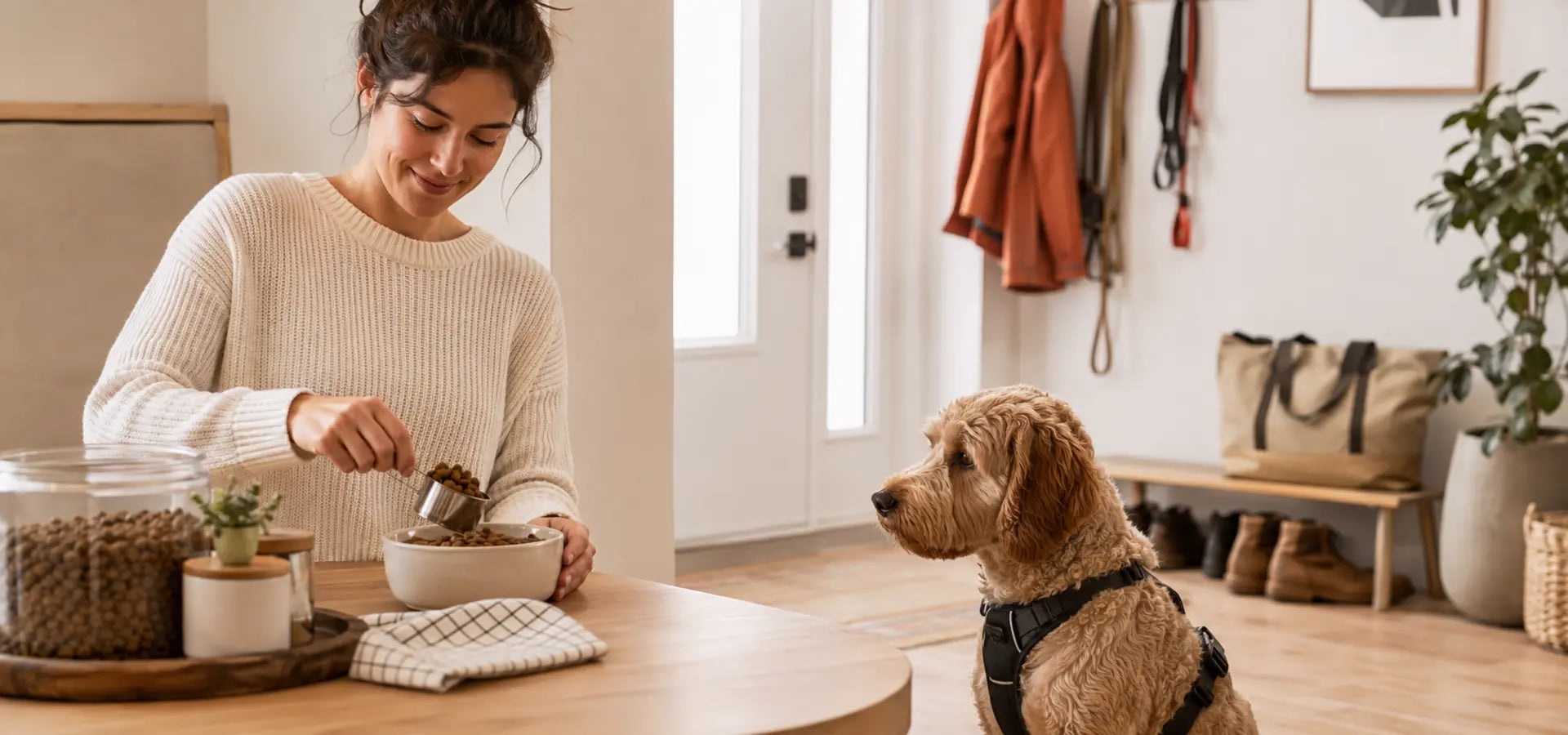 Owner preparing a measured meal before a calm dog walk