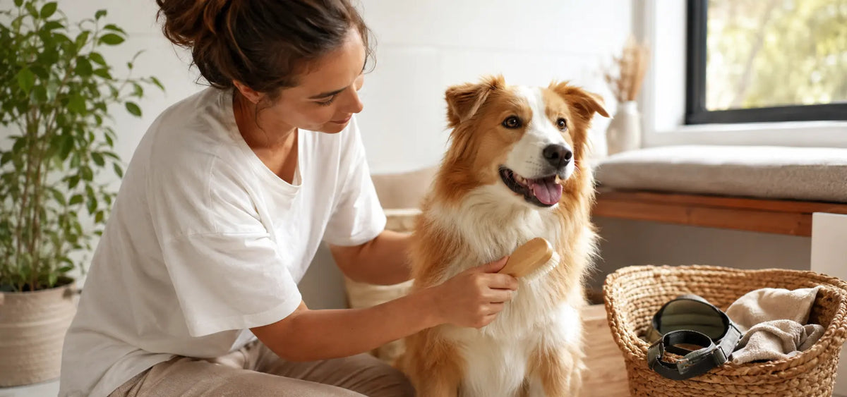 Owner grooming a dog around the chest before fitting a harness