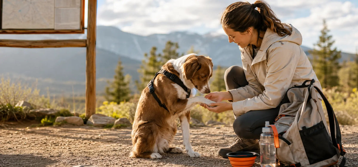 Owner checking a dog and walking gear before an outdoor adventure