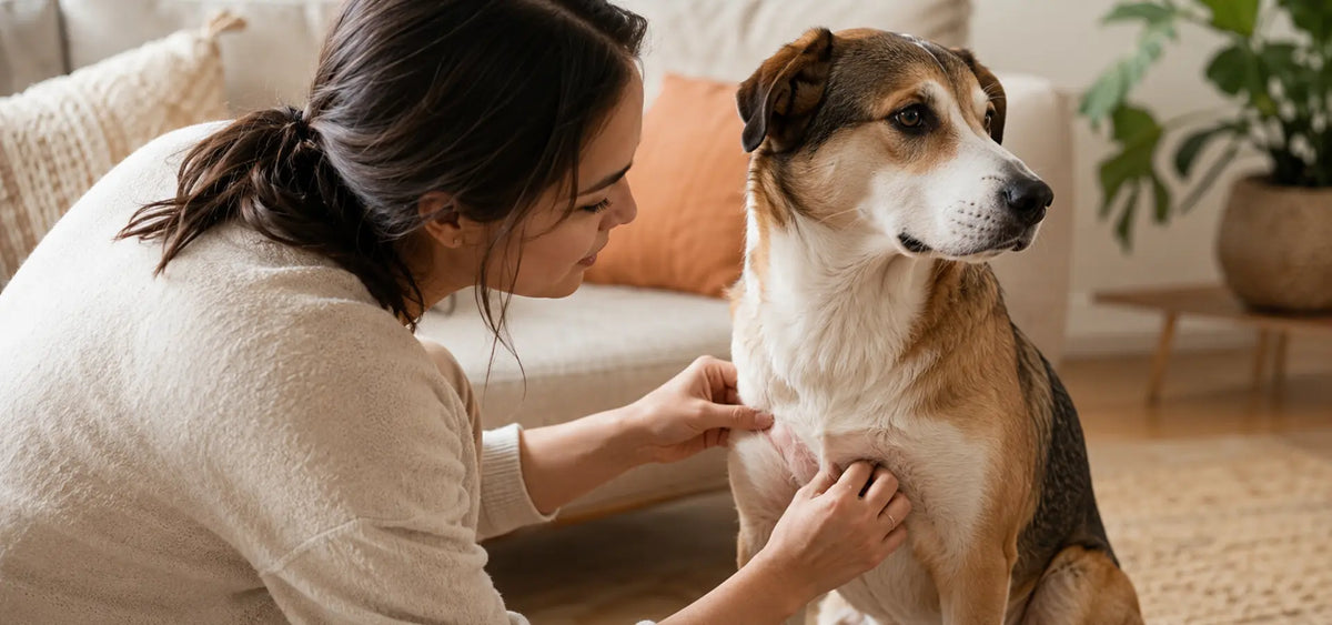 Owner checking a dog's chest and fur after removing a harness