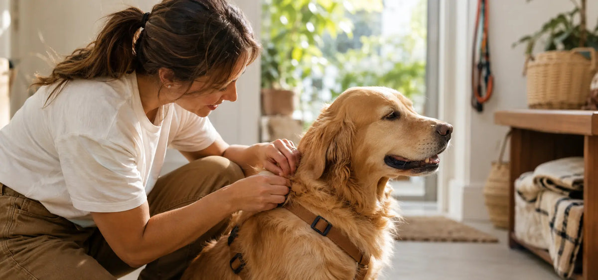 Owner checking a dog's fur after an outdoor walk