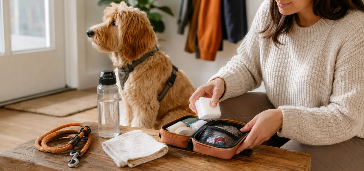 Dog walking first aid supplies organized before an outing