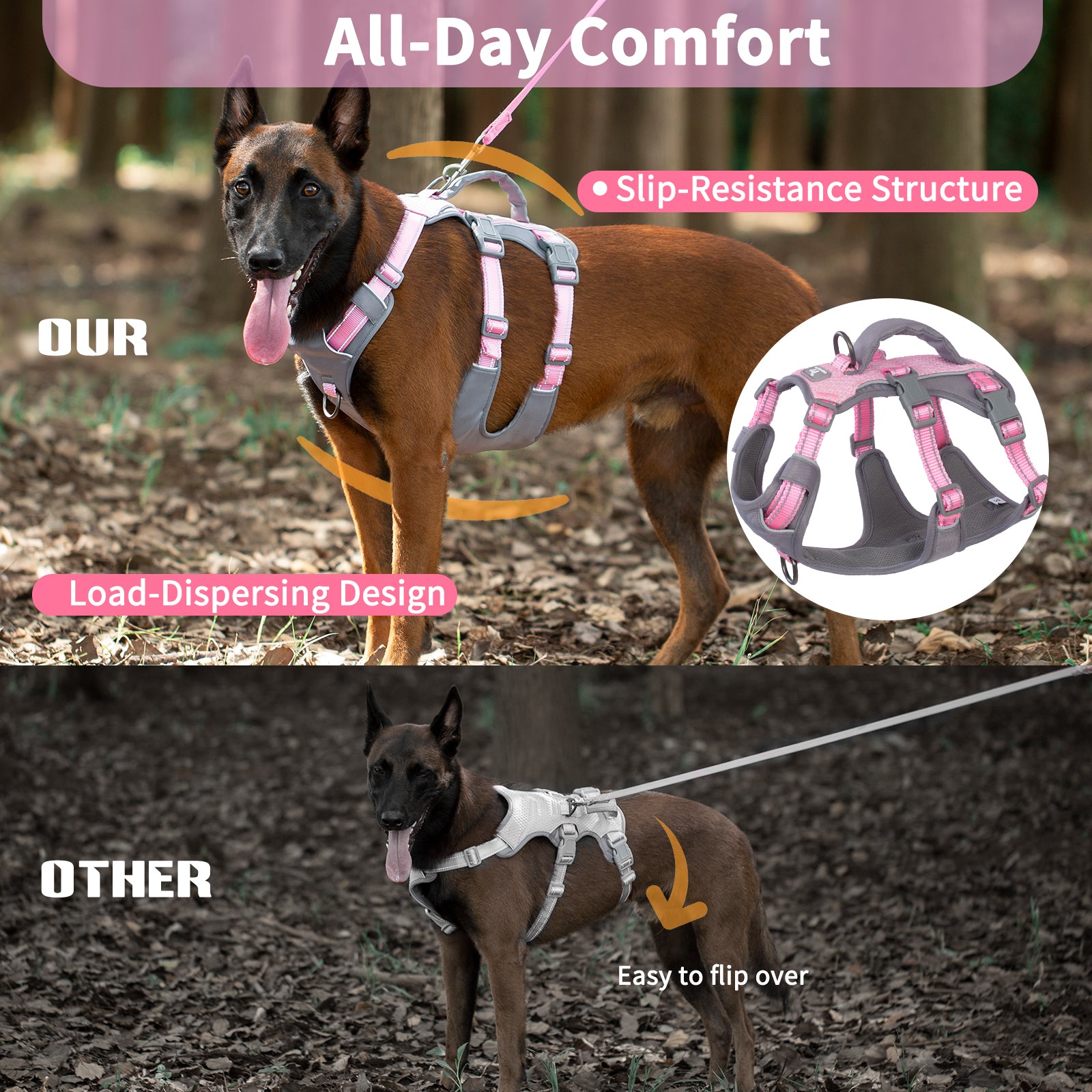 AllShieldPro Reflective Light Pink dog harness size and fitting information