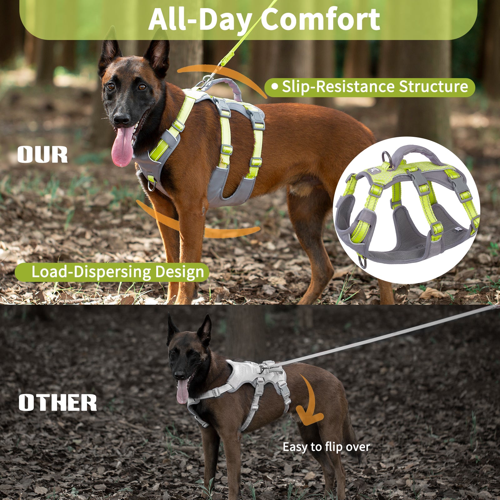 AllShieldPro Reflective Bright Green dog harness size and fitting information